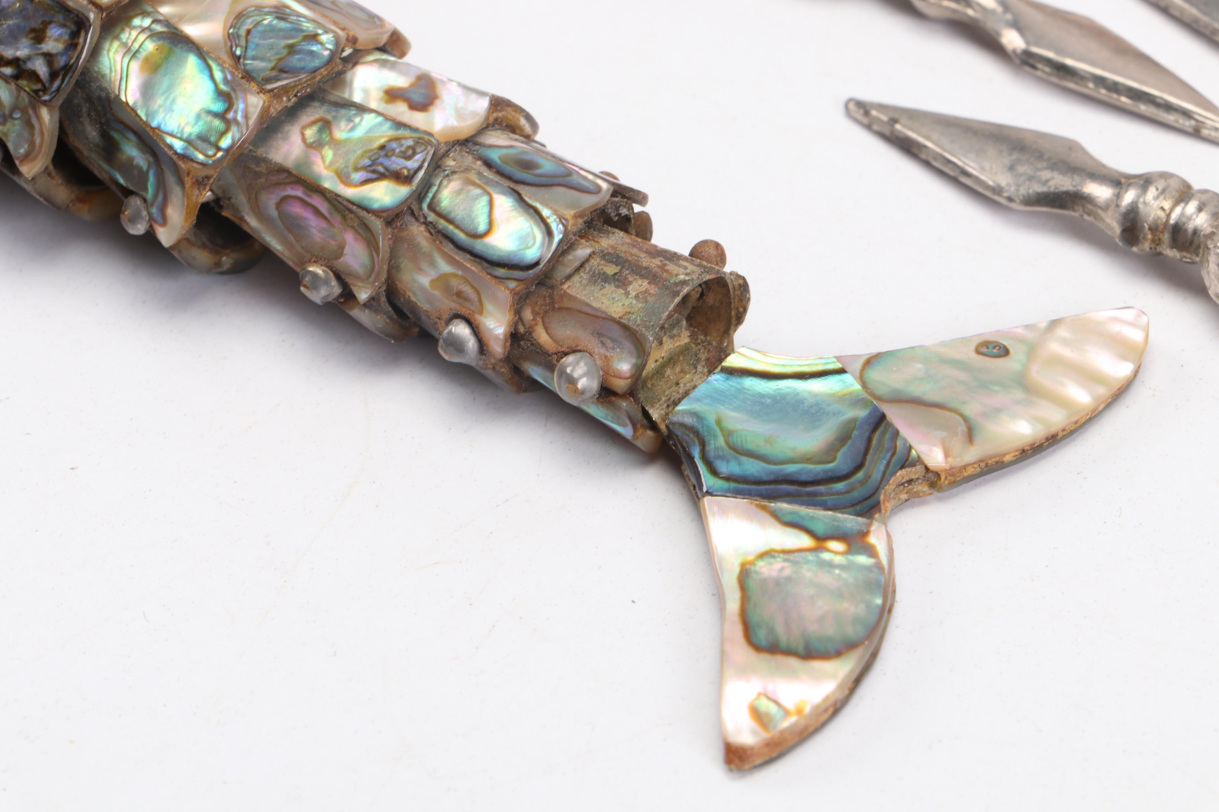 Abalone Articulated Fish Bottle Opener with Cocktail Skewers and Corn Holders