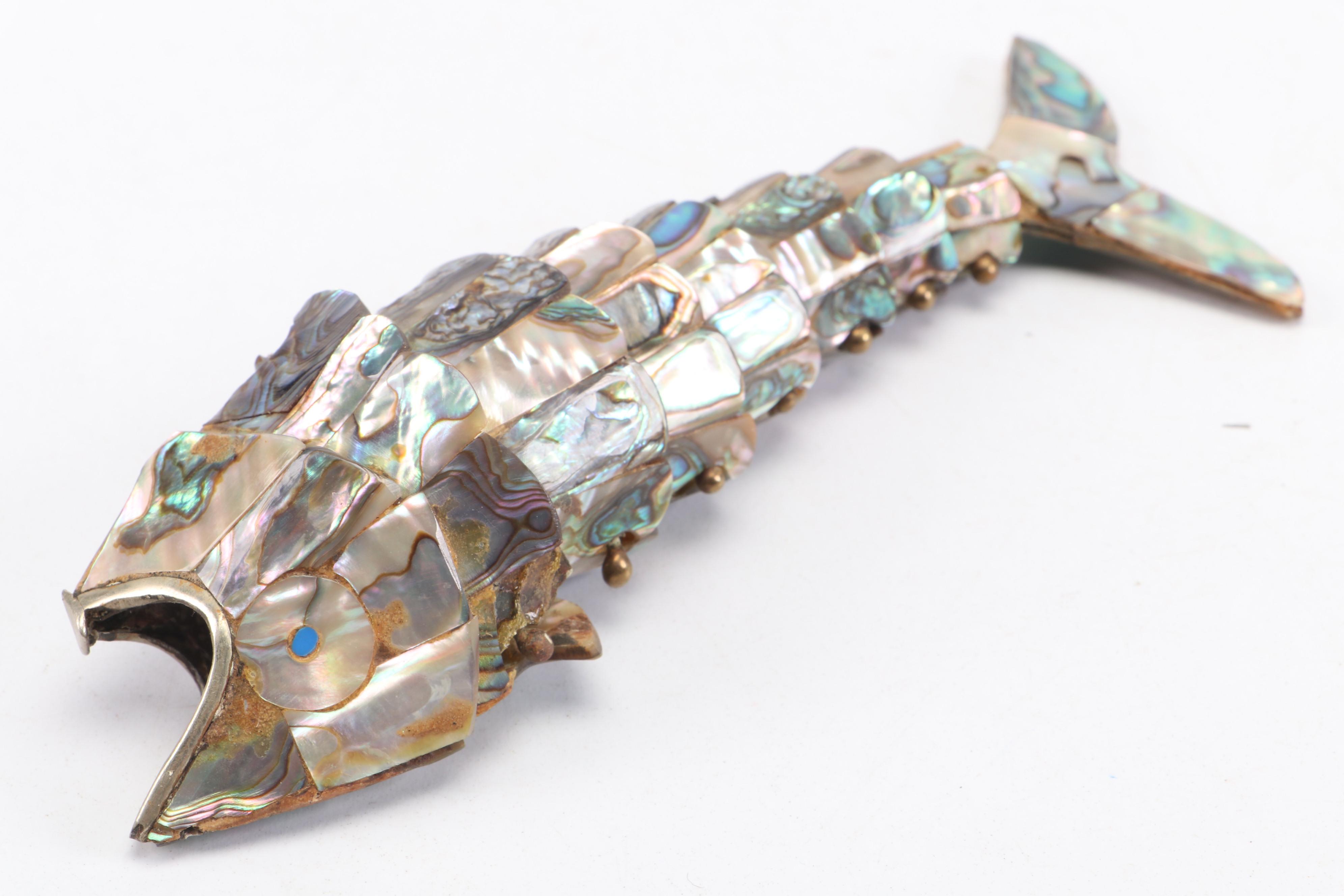 Abalone Articulated Fish Bottle Opener with Cocktail Skewers and Corn Holders