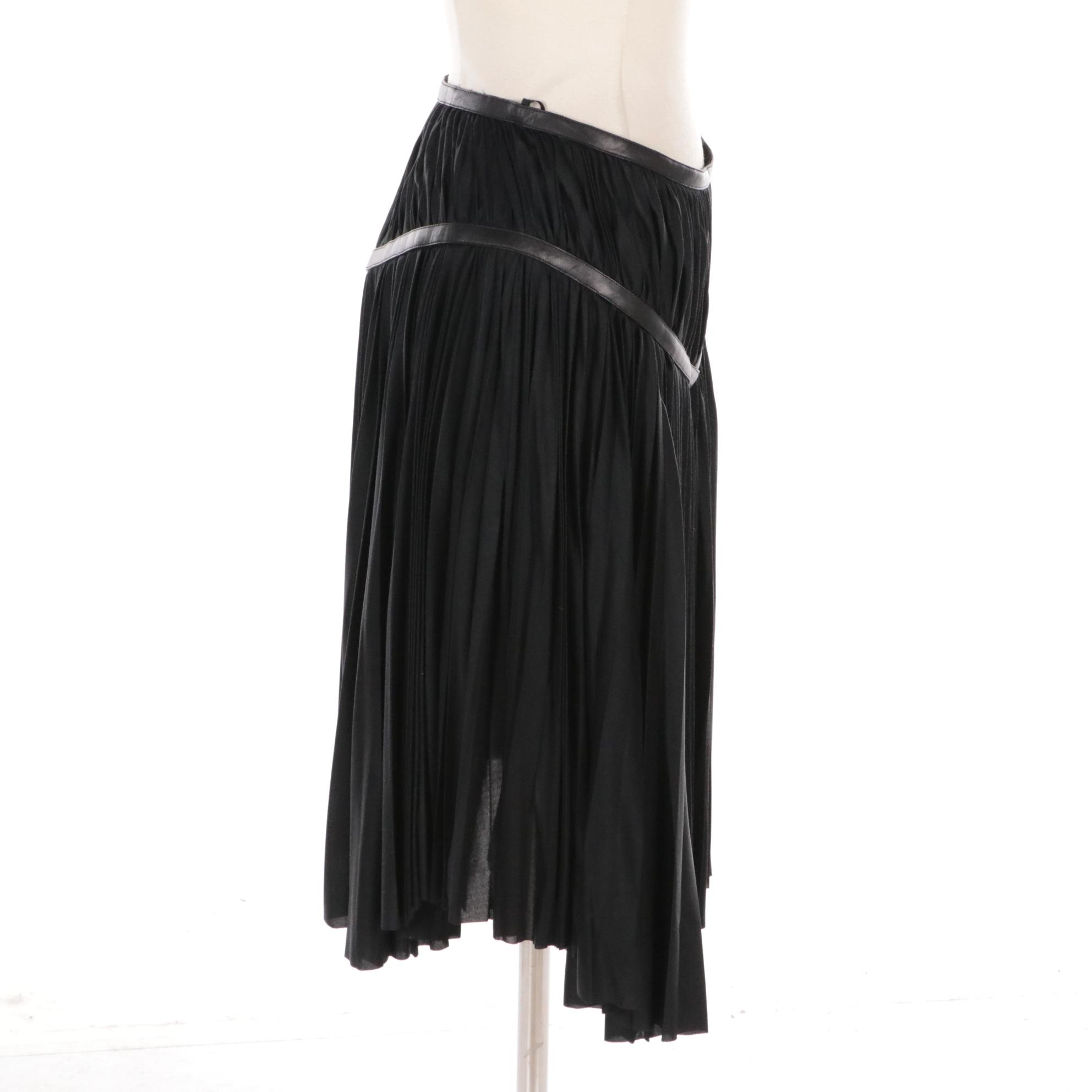 Prada Black Pleated Silk Skirt with Lambskin Leather Trim
