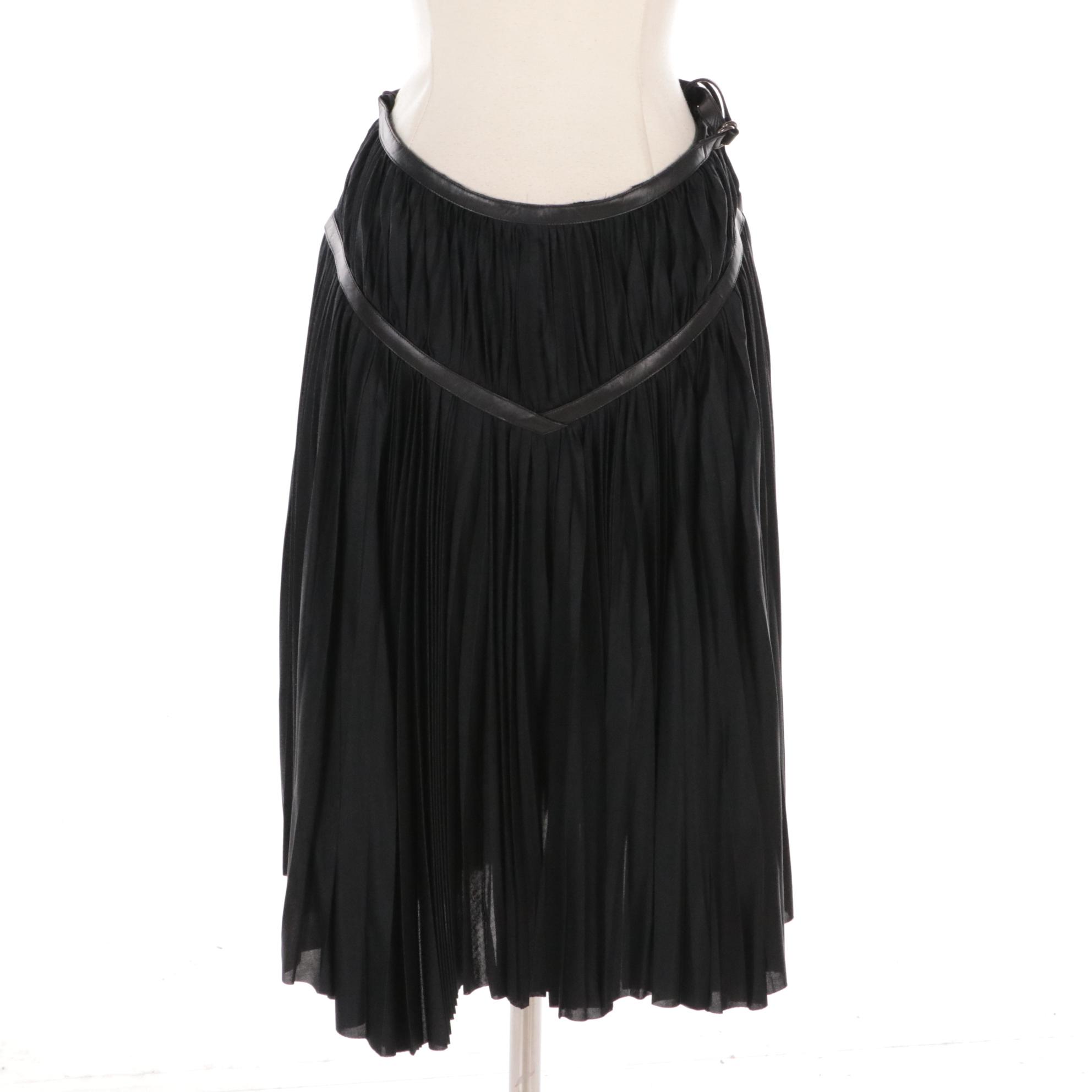 Prada Black Pleated Silk Skirt with Lambskin Leather Trim
