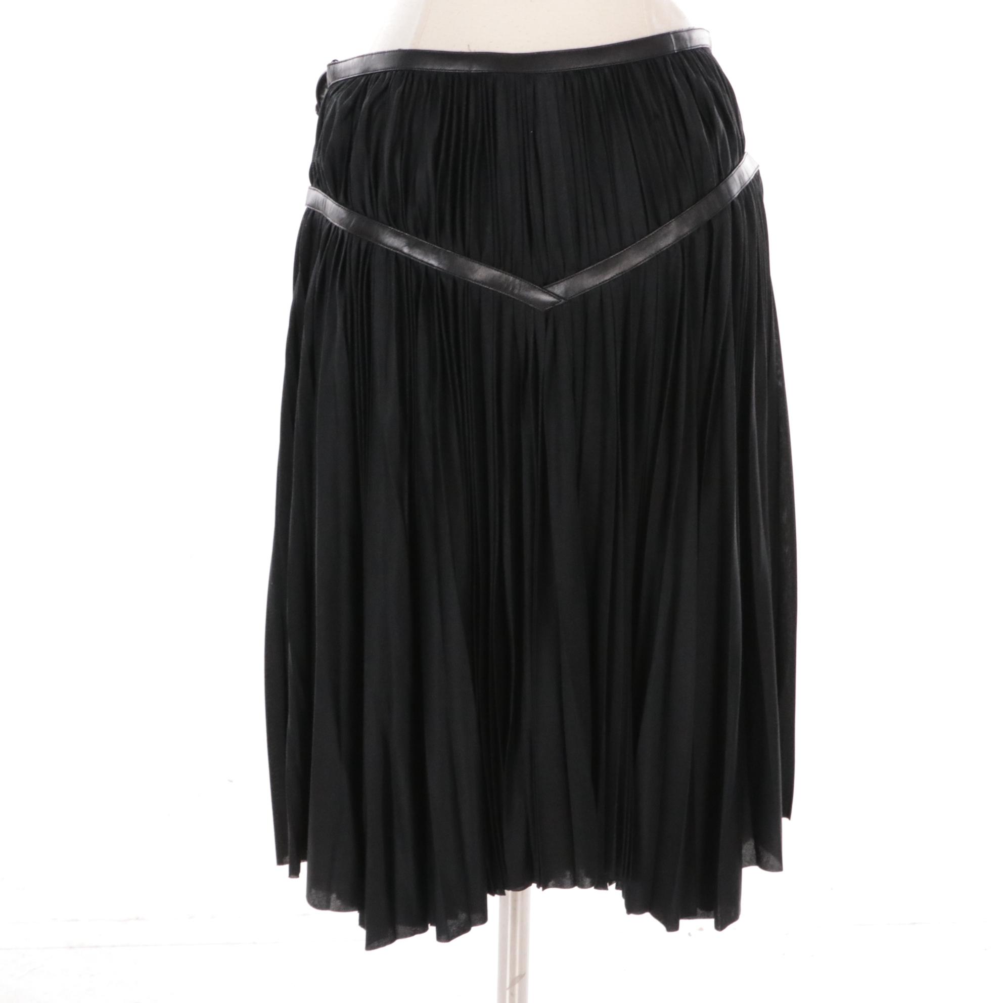 Prada Black Pleated Silk Skirt with Lambskin Leather Trim