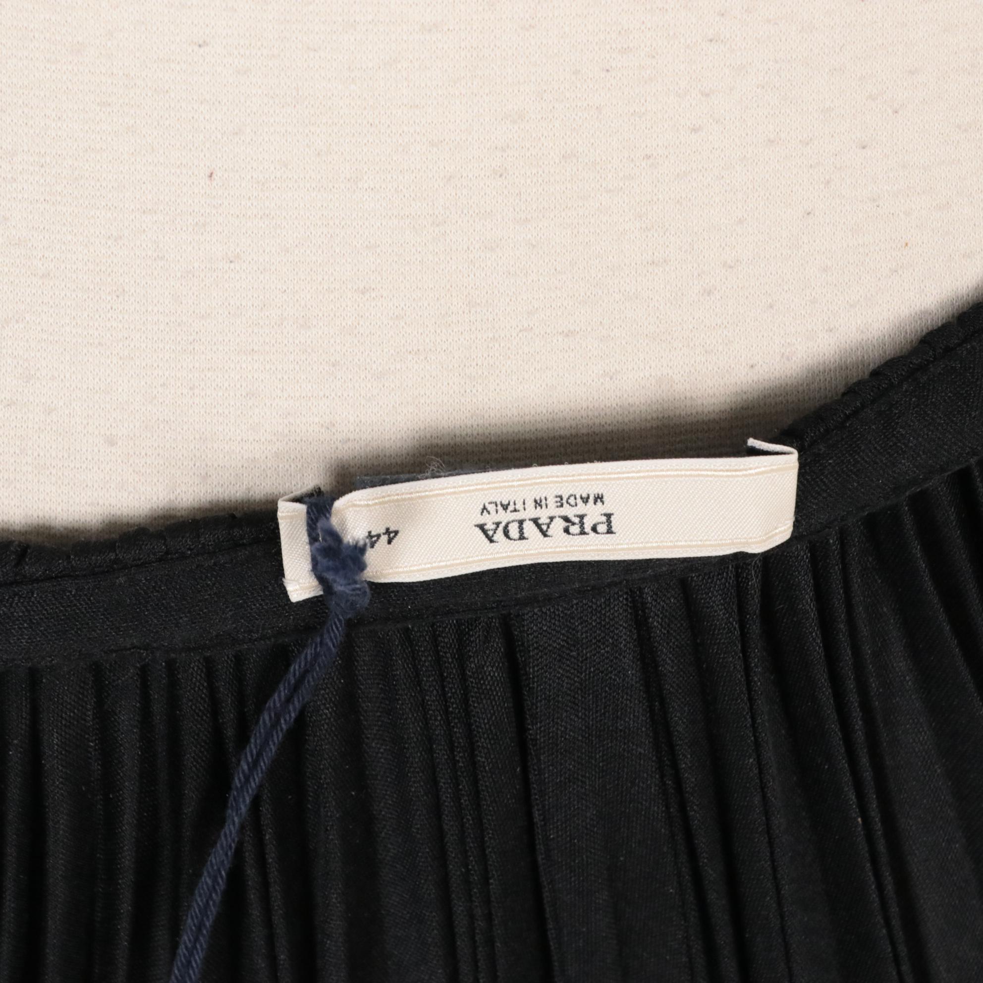 Prada Black Pleated Silk Skirt with Lambskin Leather Trim