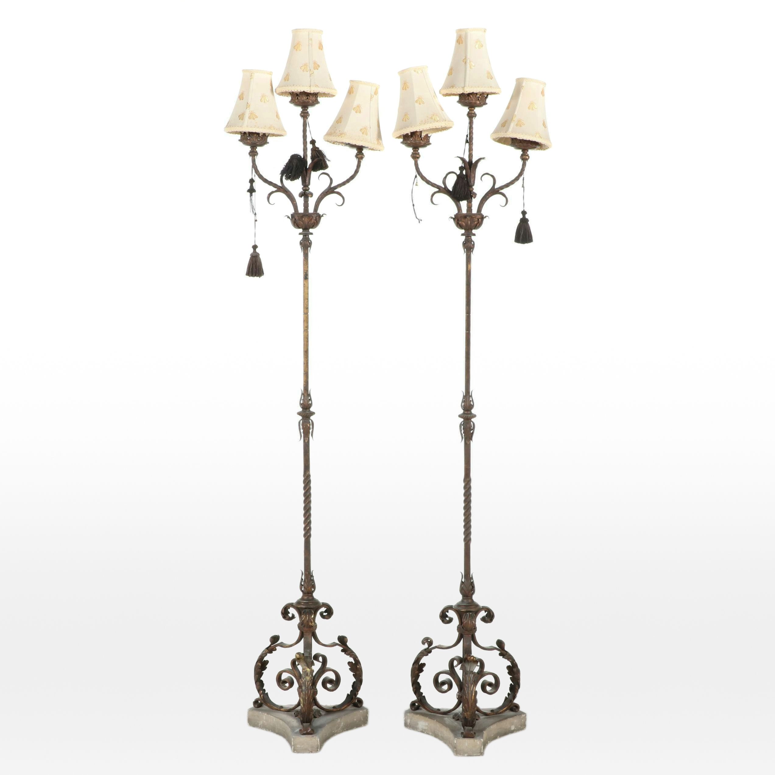Pair of Wrought Iron and Gilt Metal Floor Lamps, Adapted Mid-20th Century