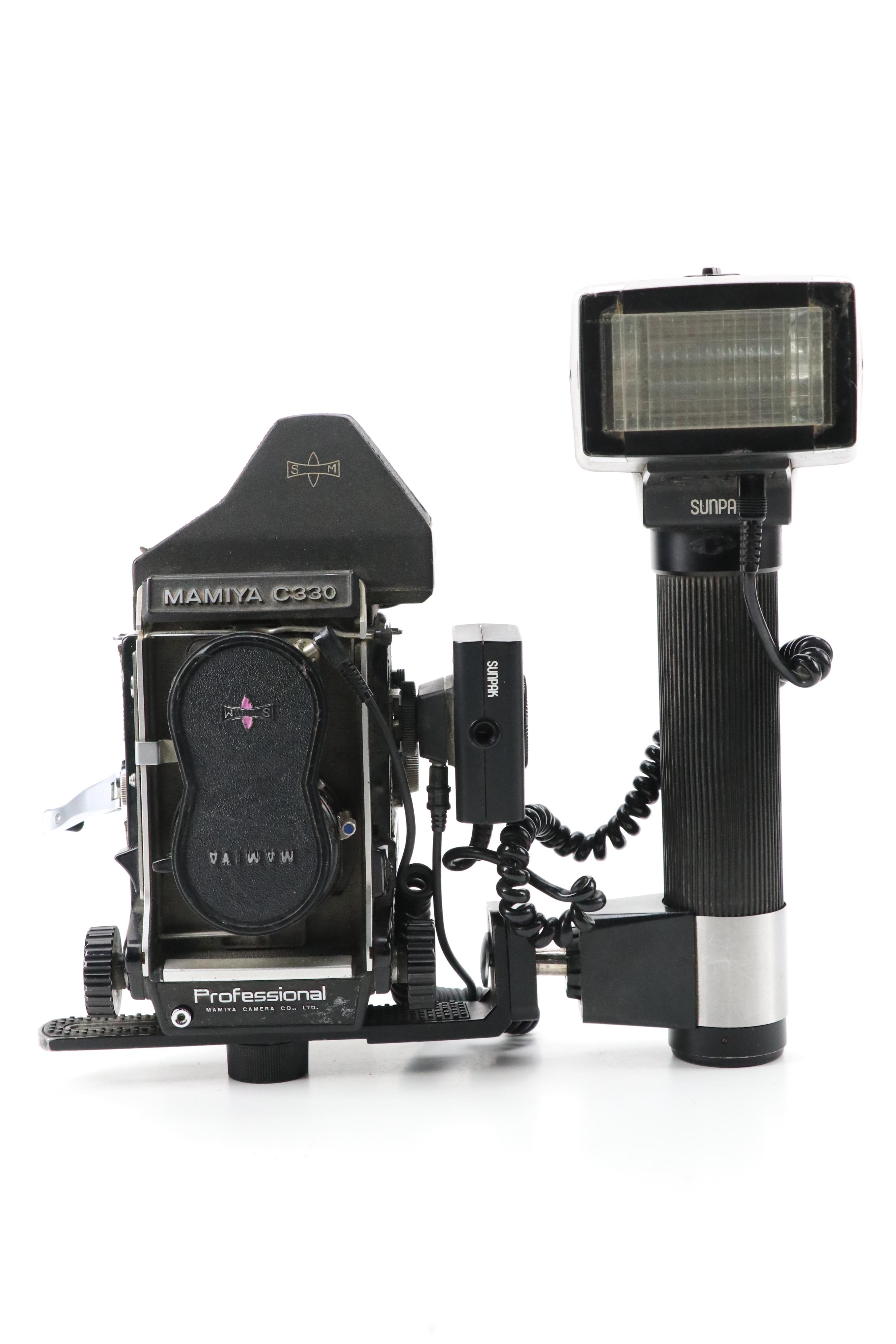 Mamiya C330 Twin Lens Camera with Sunpak Auto611 Thyristor Flash and More