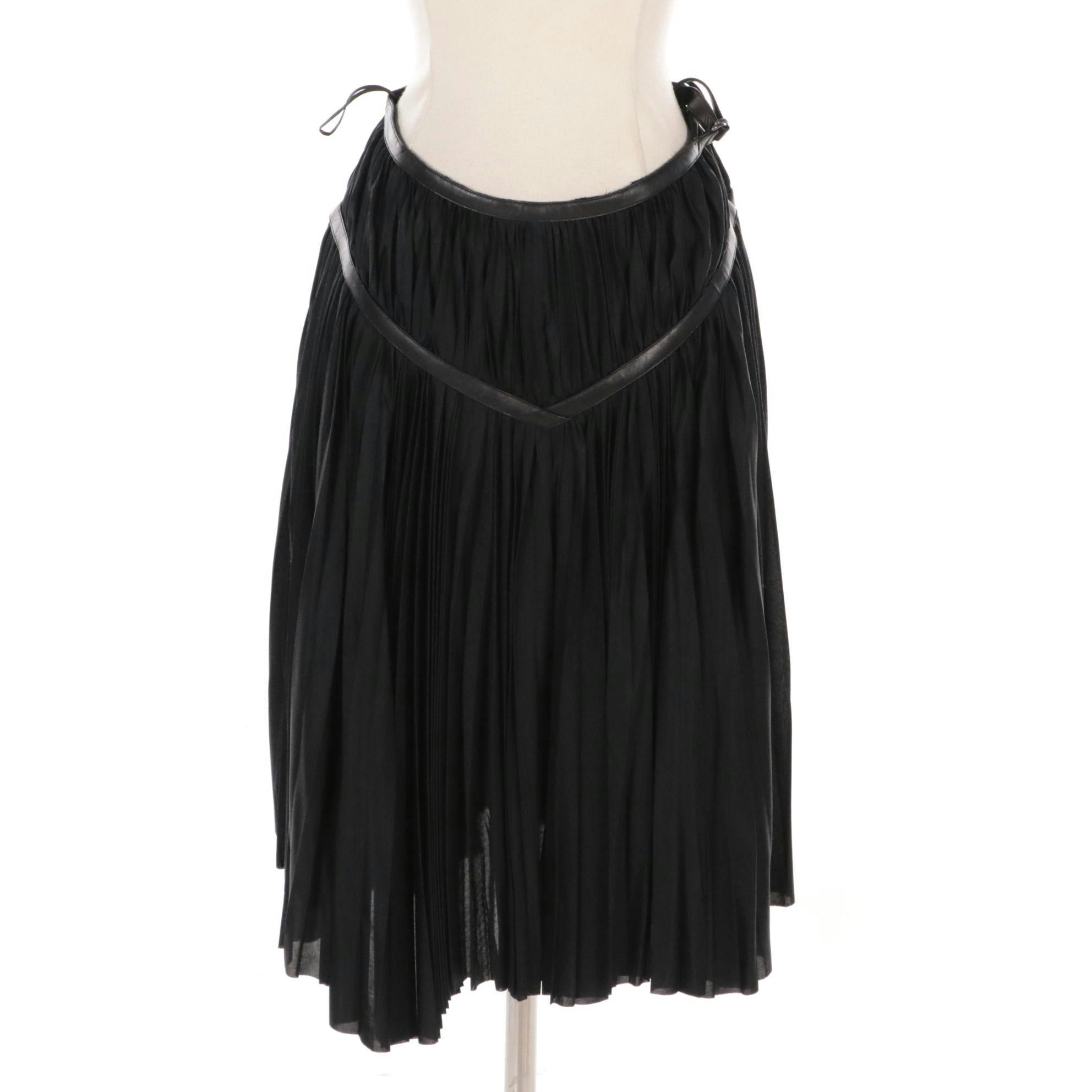 Prada Black Pleated Silk Skirt with Lambskin Leather Trim