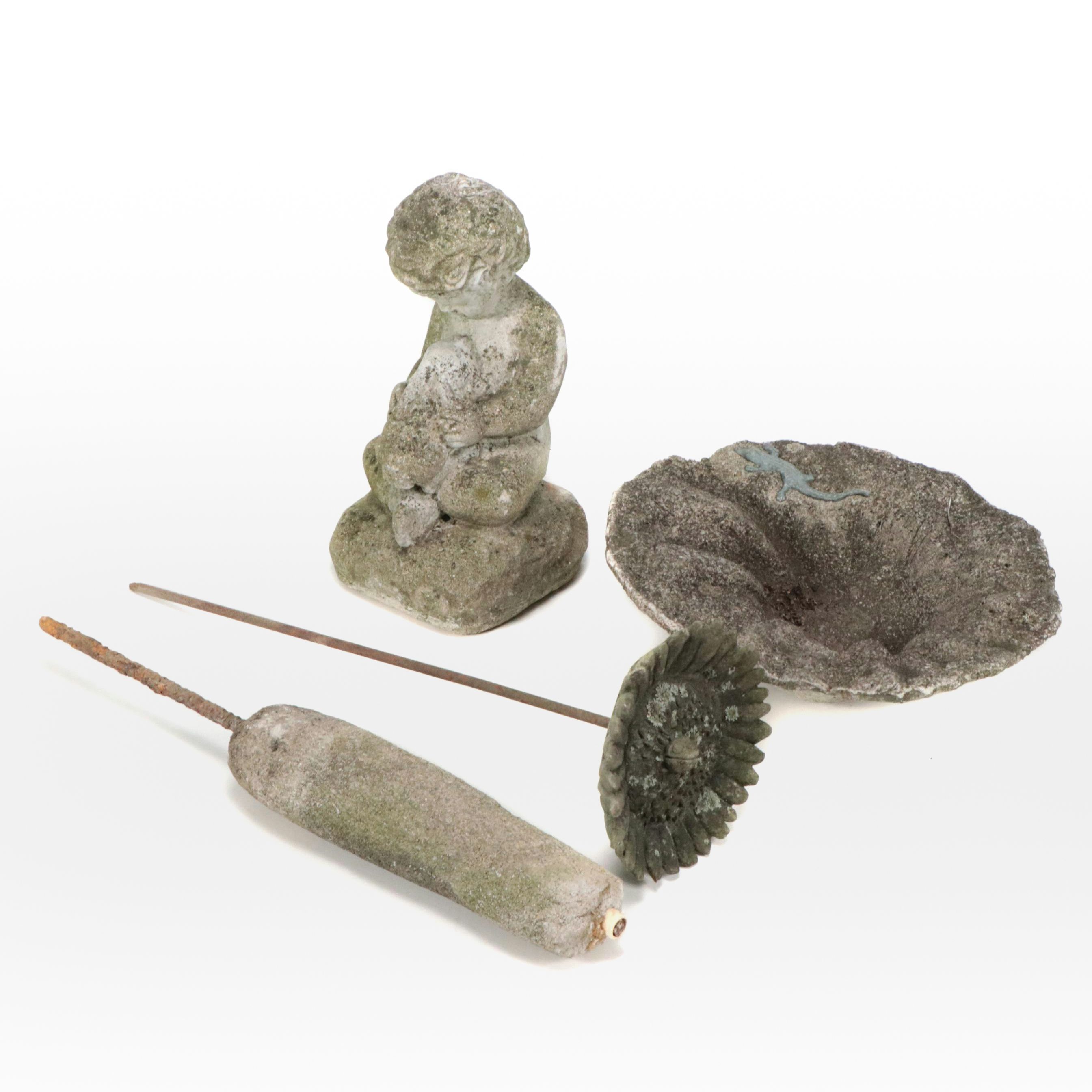 Cast Concrete Garden Statues and Birdbath