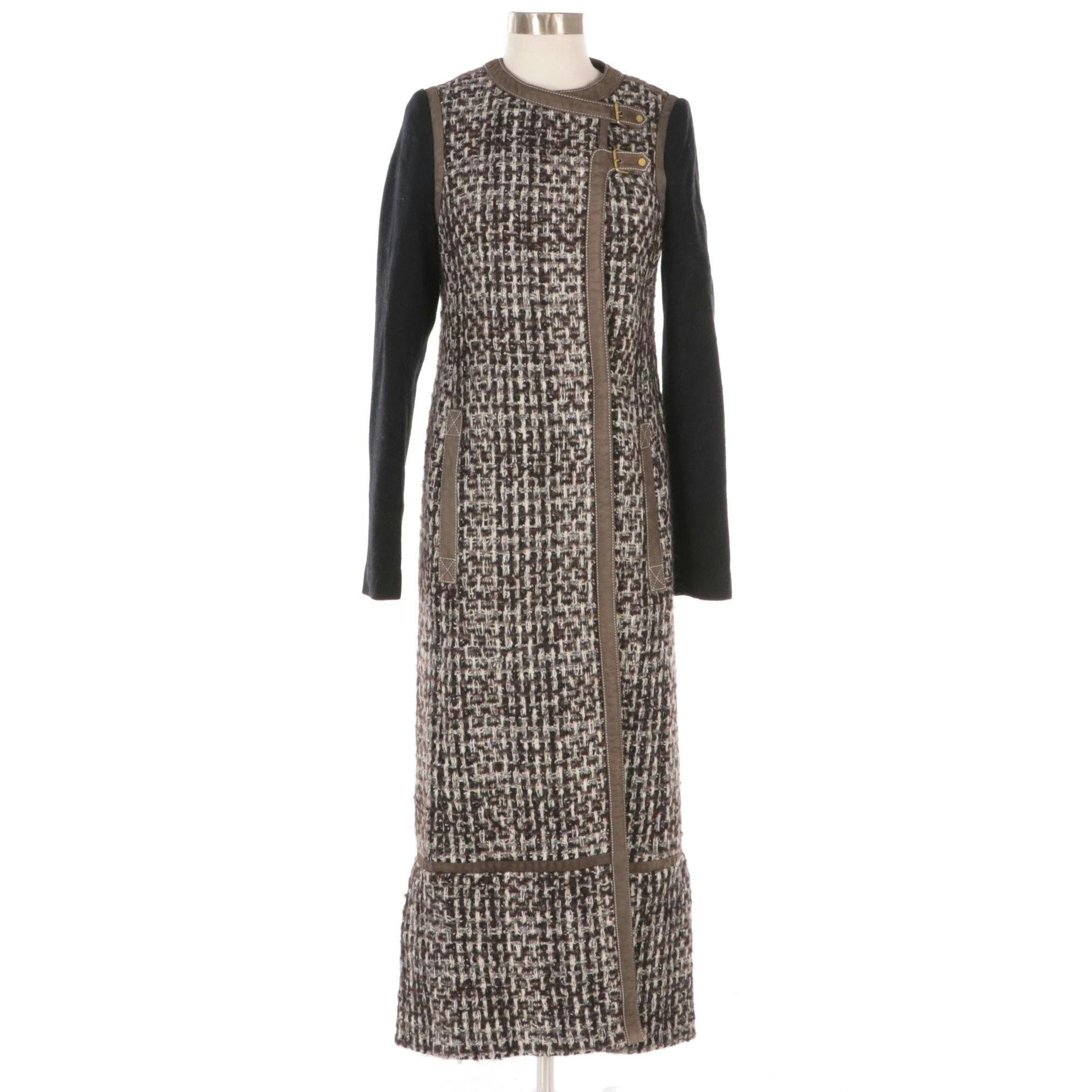 Tory Burch Tweed, Fleece, and Leather Snap-Front Coat with Buckle Detail