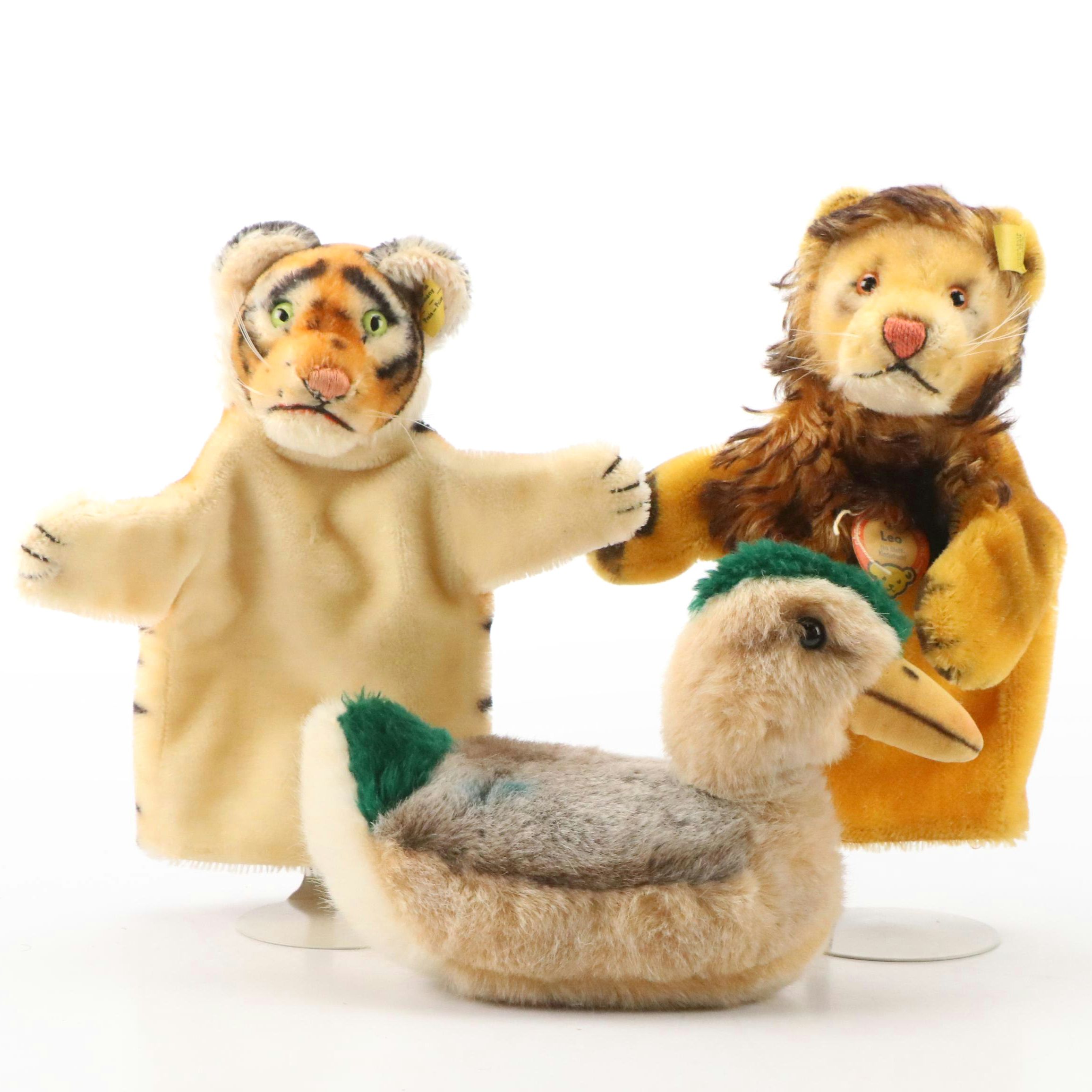 Steiff "Tulla" Mallard Duck Stuffed Toy with "Leo" Lion and Tiger Hand Puppets