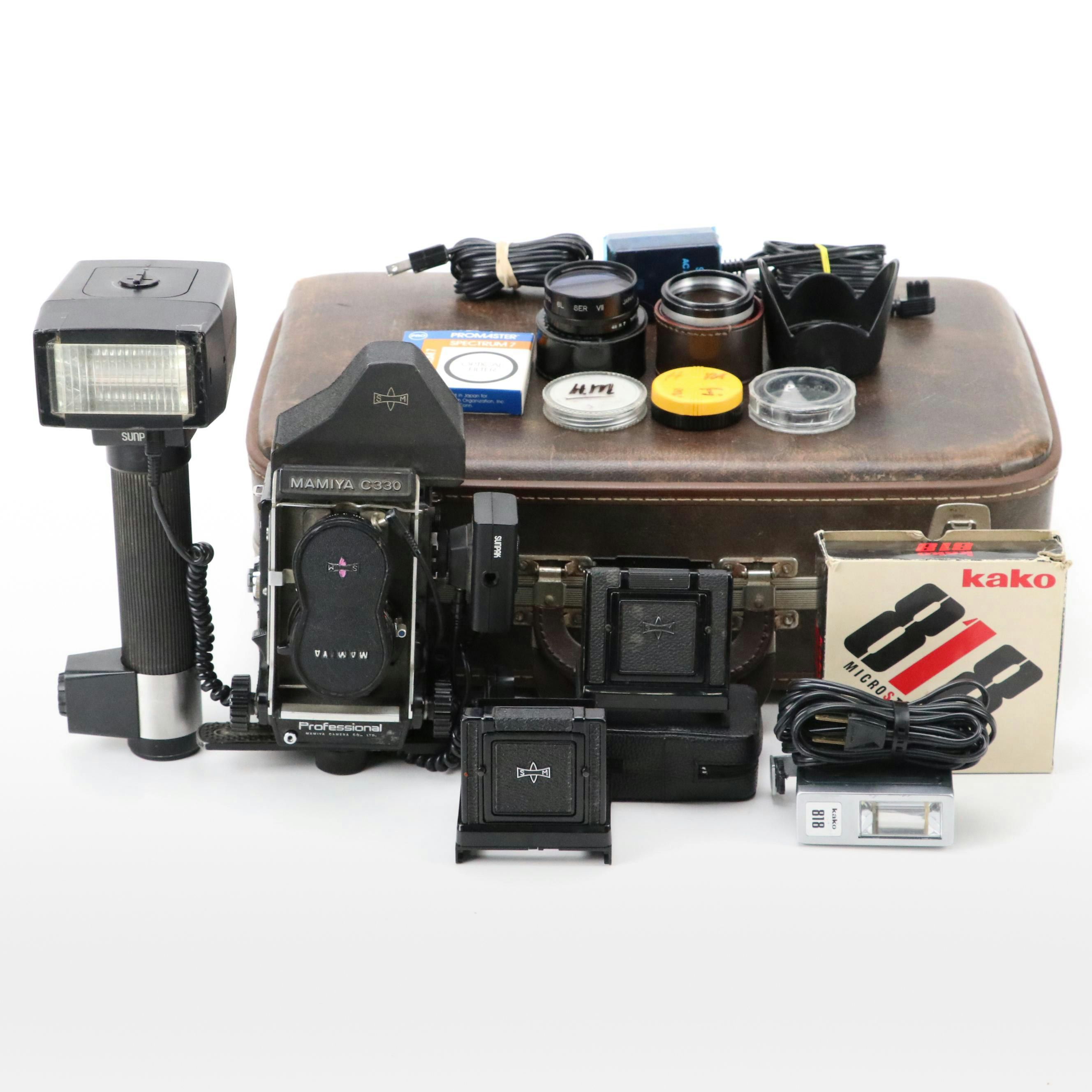 Mamiya C330 Twin Lens Camera with Sunpak Auto611 Thyristor Flash and More