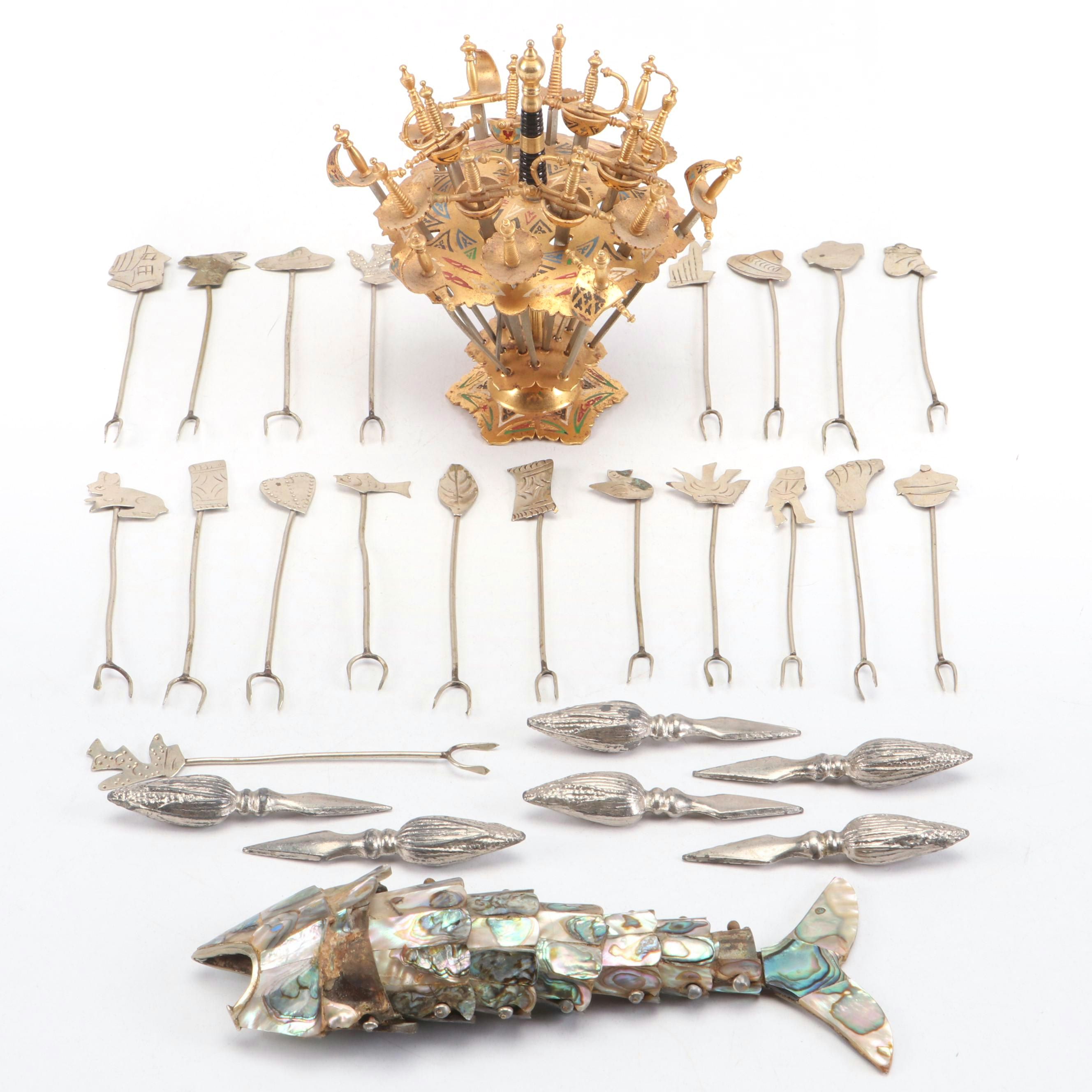 Abalone Articulated Fish Bottle Opener with Cocktail Skewers and Corn Holders