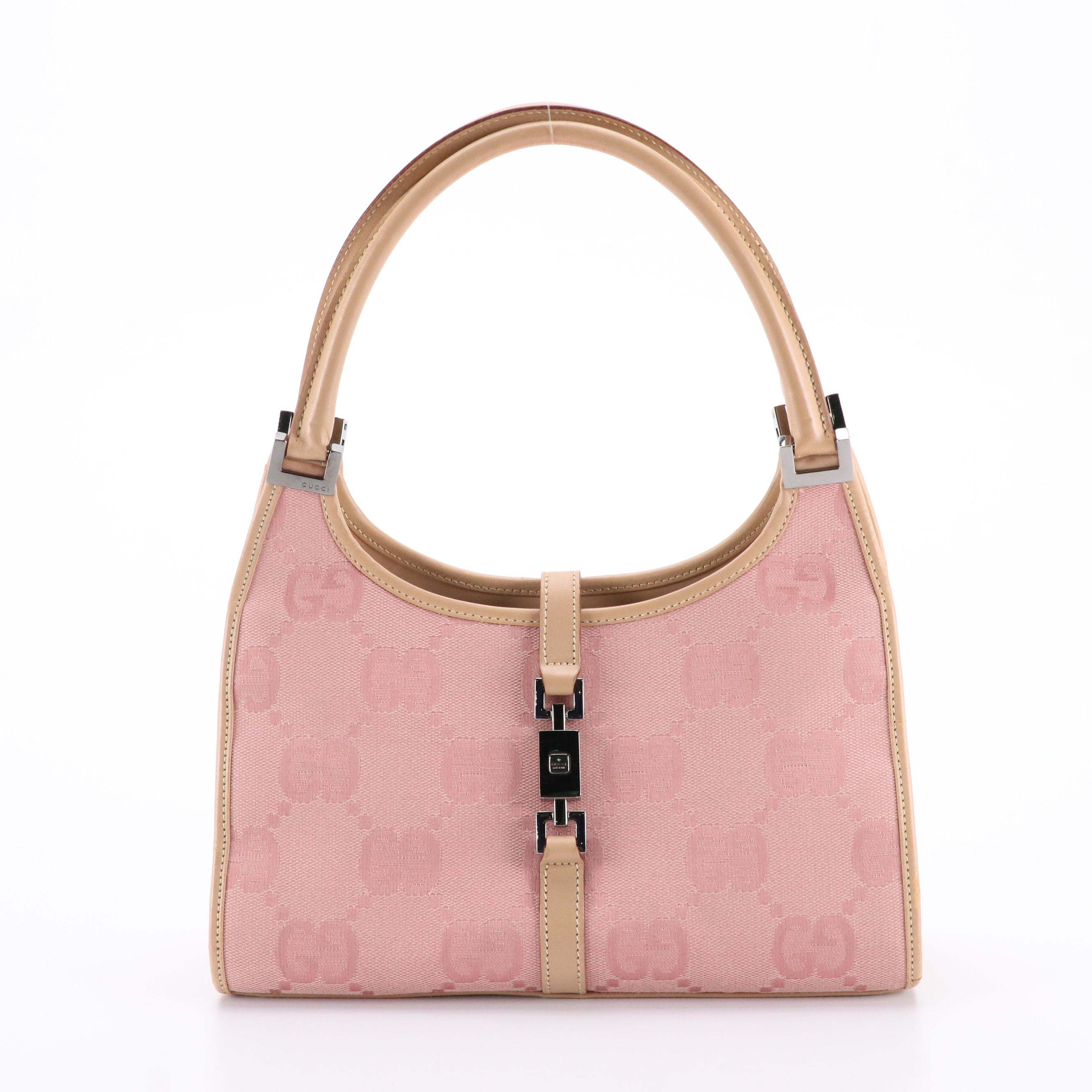 Gucci Bardot Handbag in Pink GG Canvas and Beige Leather
