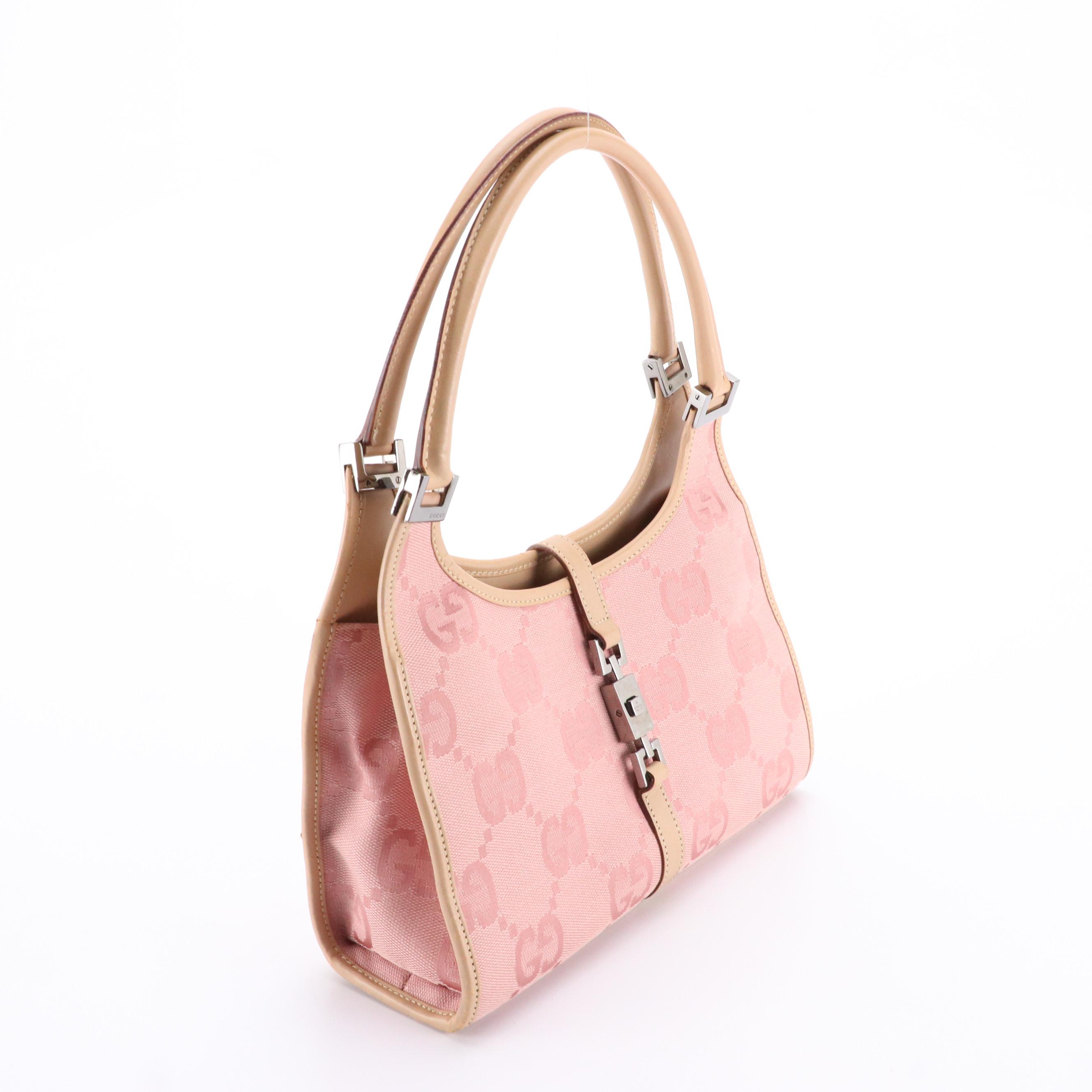 Gucci Bardot Handbag in Pink GG Canvas and Beige Leather
