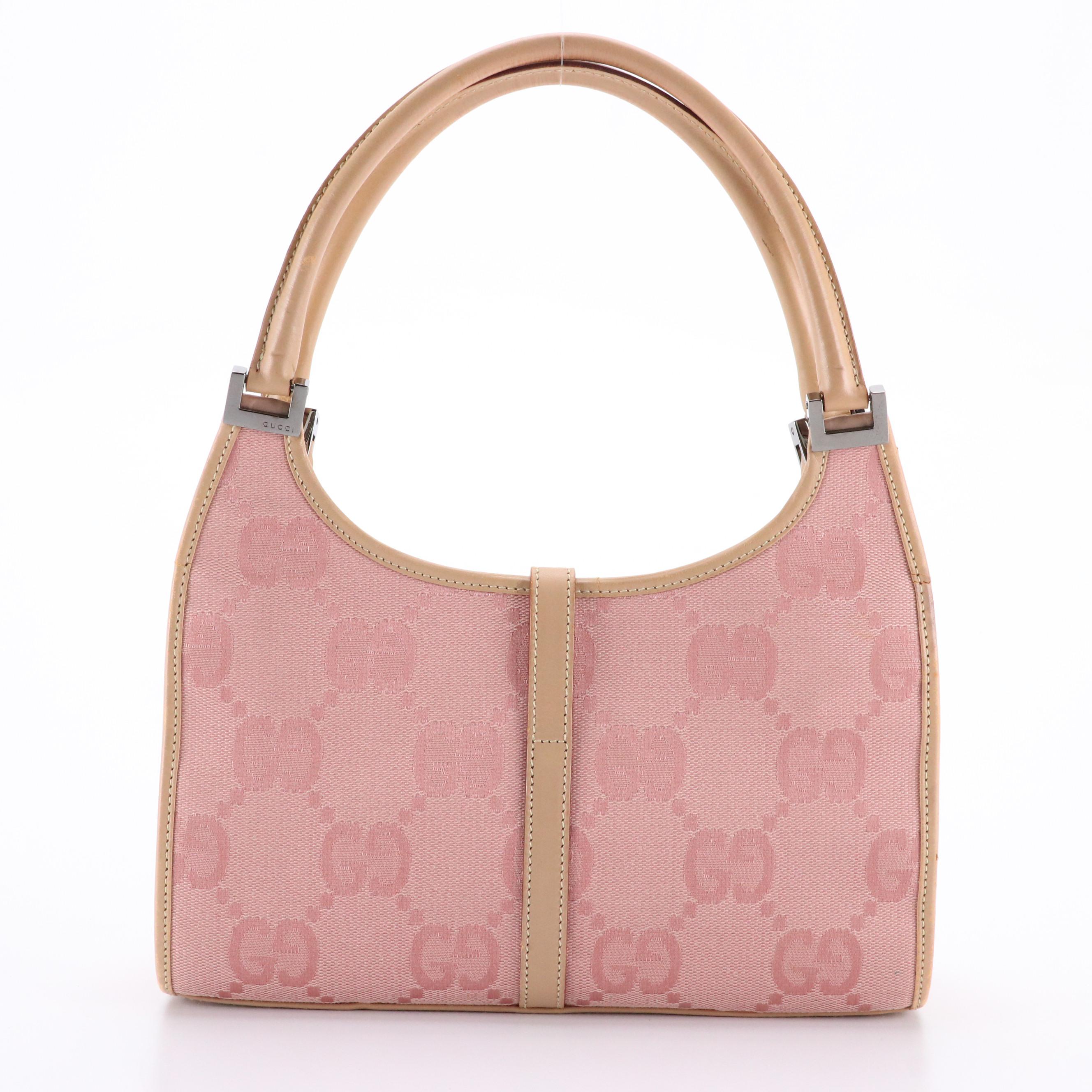 Gucci Bardot Handbag in Pink GG Canvas and Beige Leather