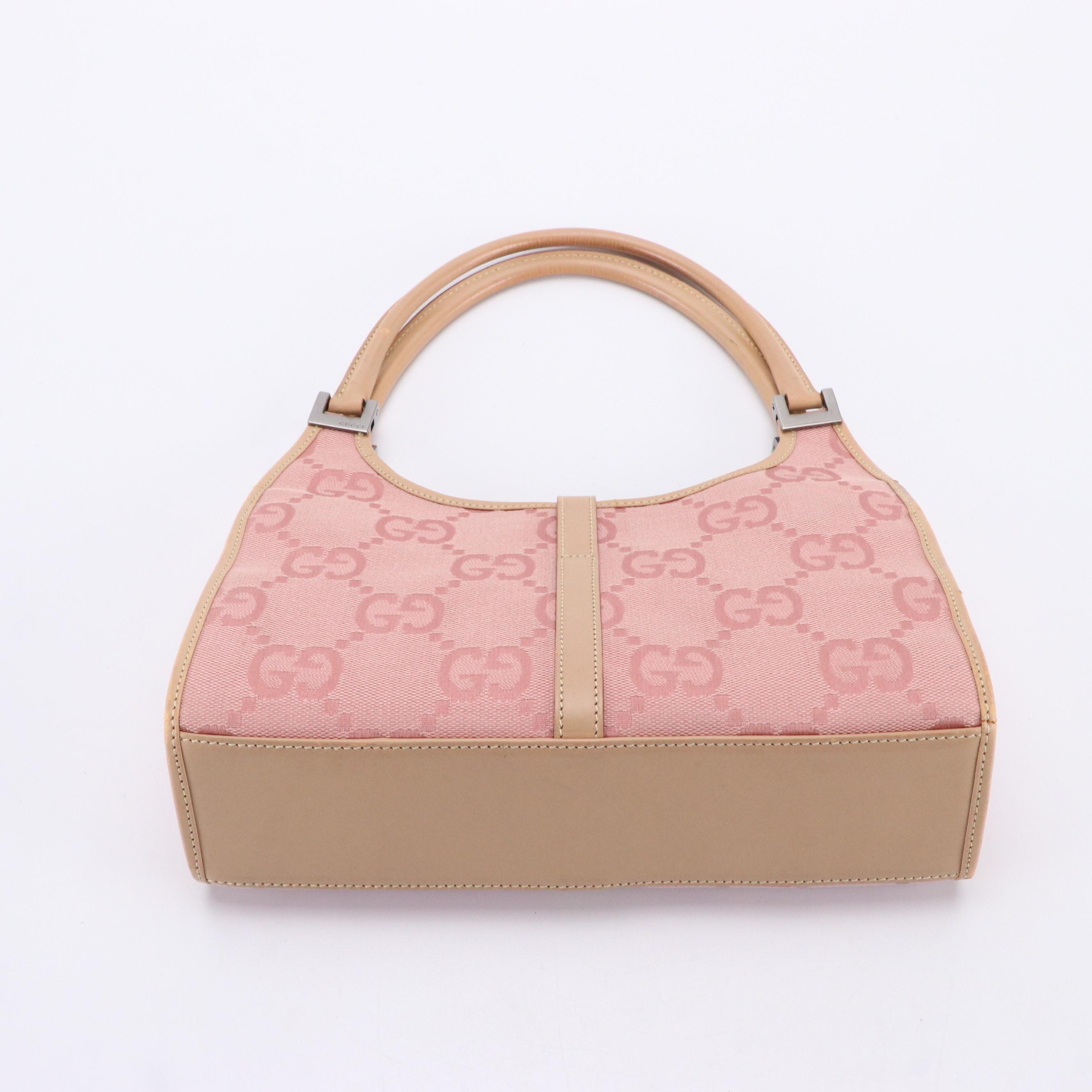 Gucci Bardot Handbag in Pink GG Canvas and Beige Leather