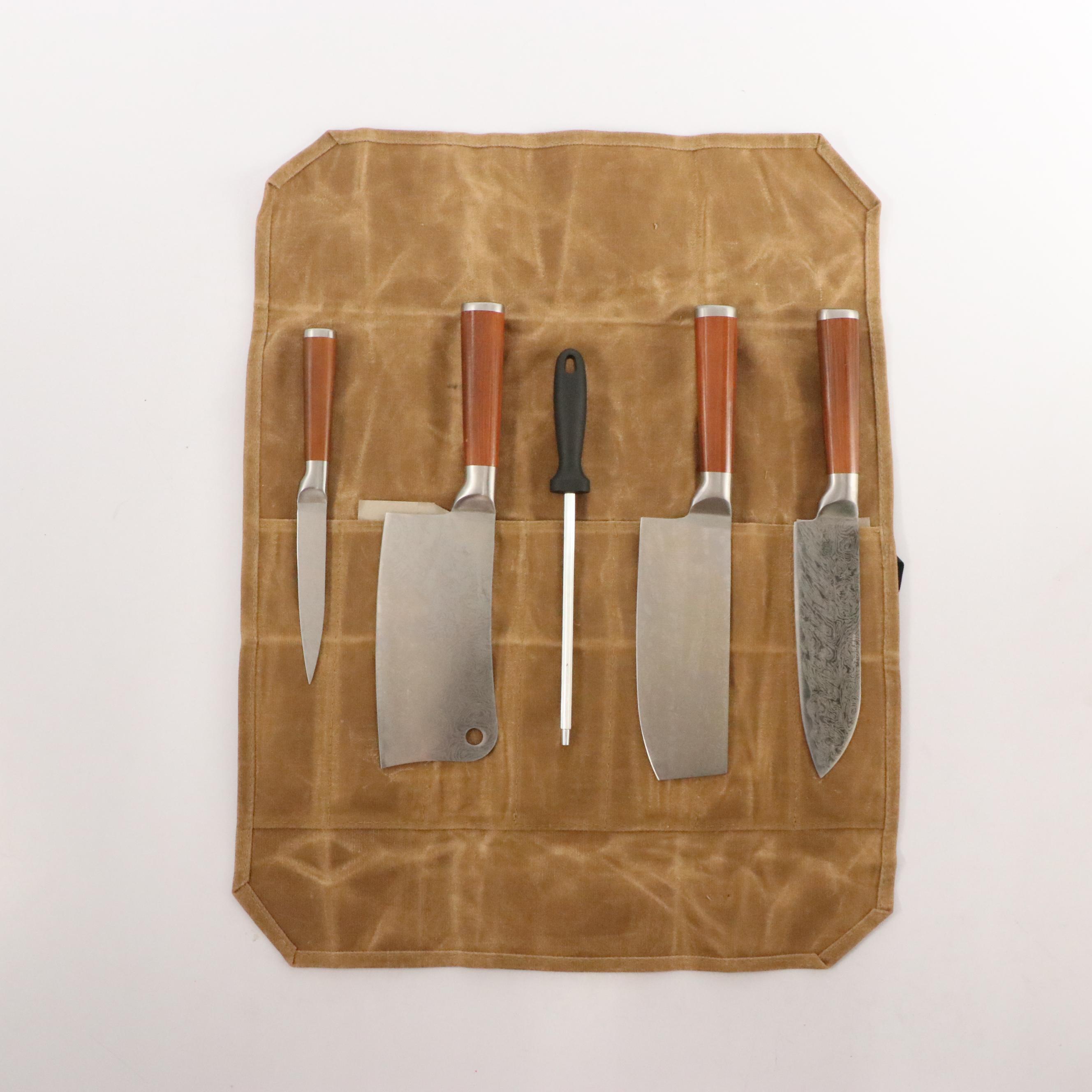 Japanese Style Etched Stainless Steel Chef's Knife Set in Canvas Roll
