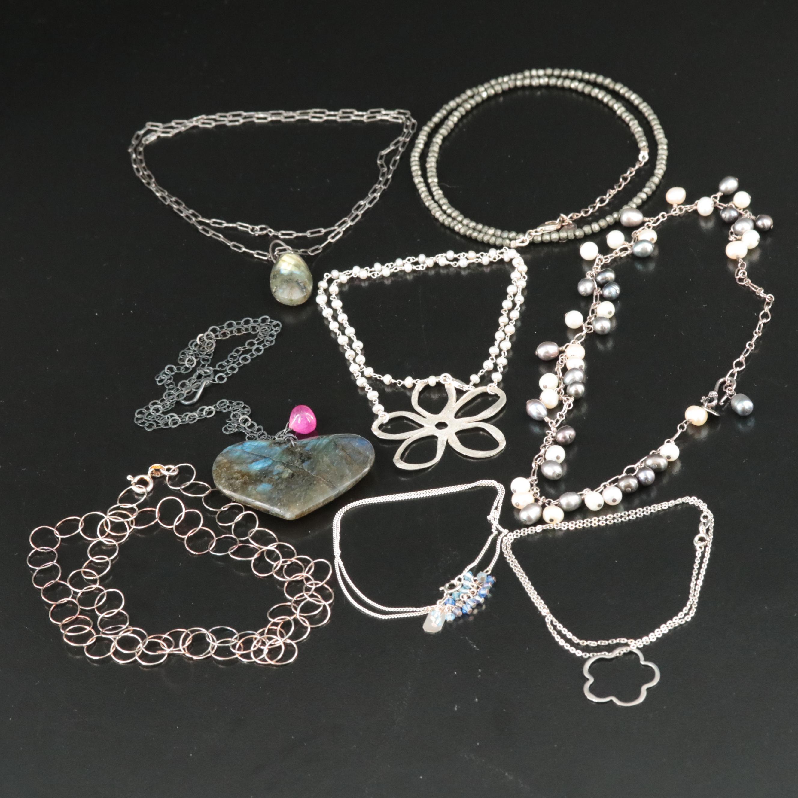 Sterling Pendant Necklace Collection Including Pearl, Labradorite and Pyrite