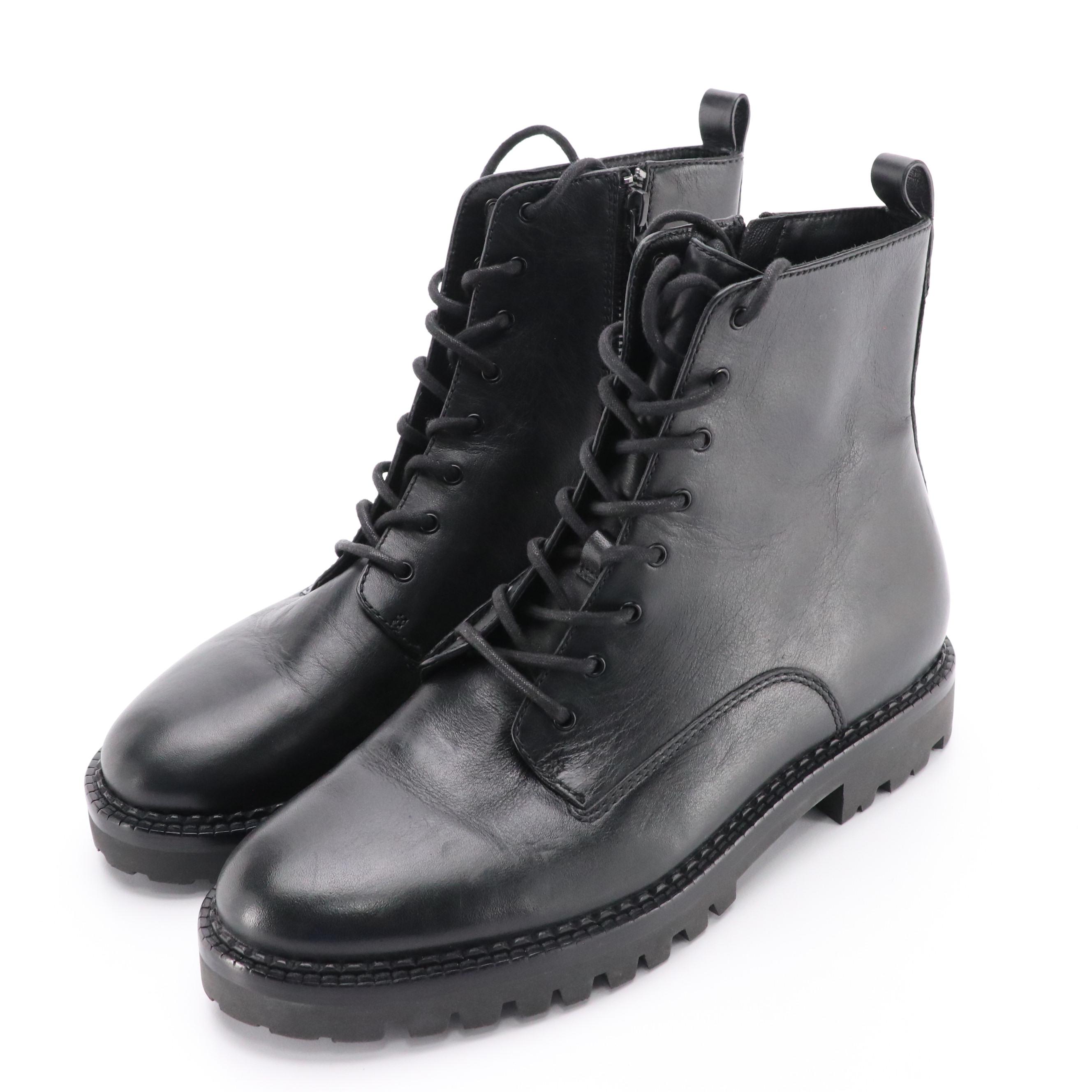 Vince. Black Leather Lace-Up Water Repellent Zip Boots