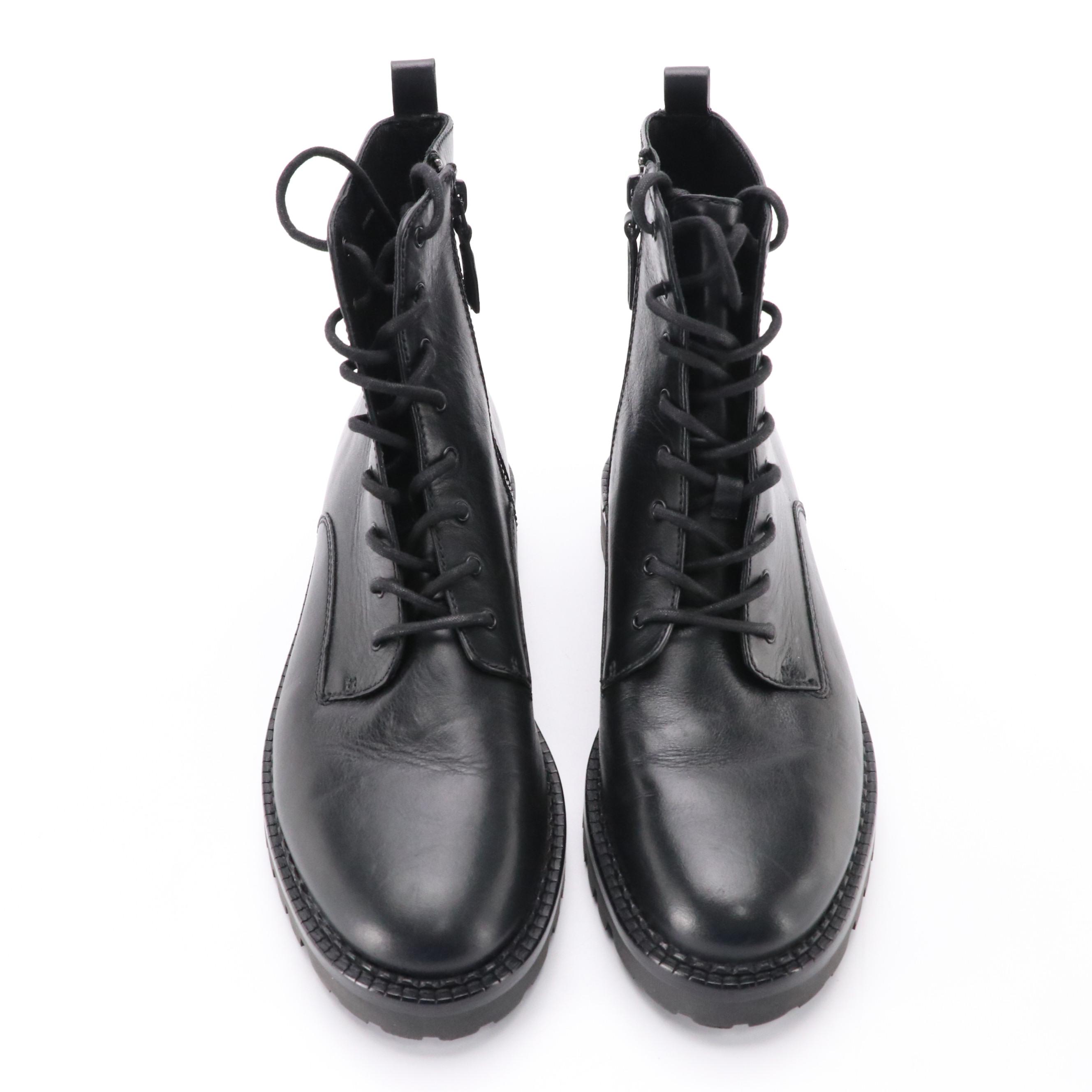 Vince. Black Leather Lace-Up Water Repellent Zip Boots