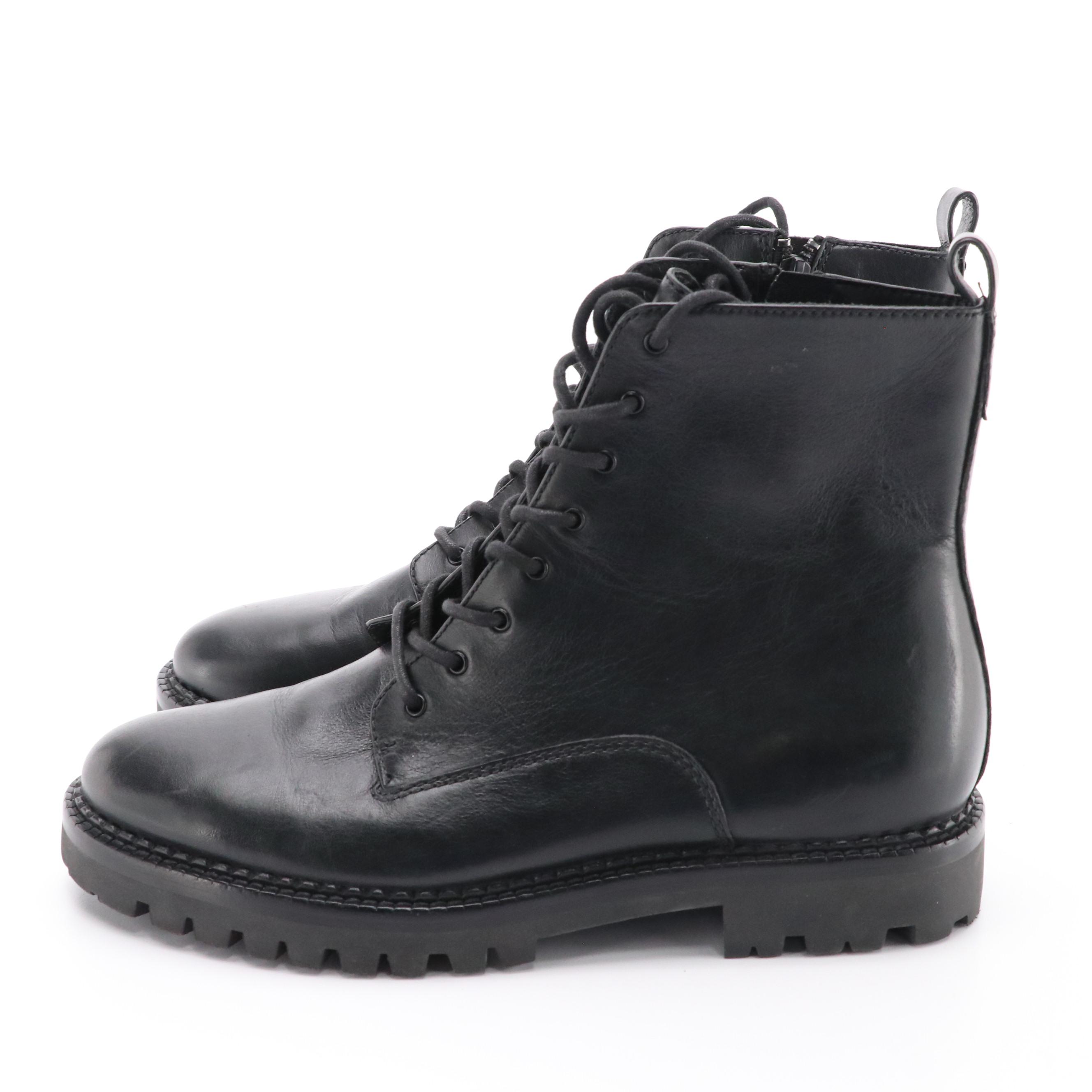Vince. Black Leather Lace-Up Water Repellent Zip Boots