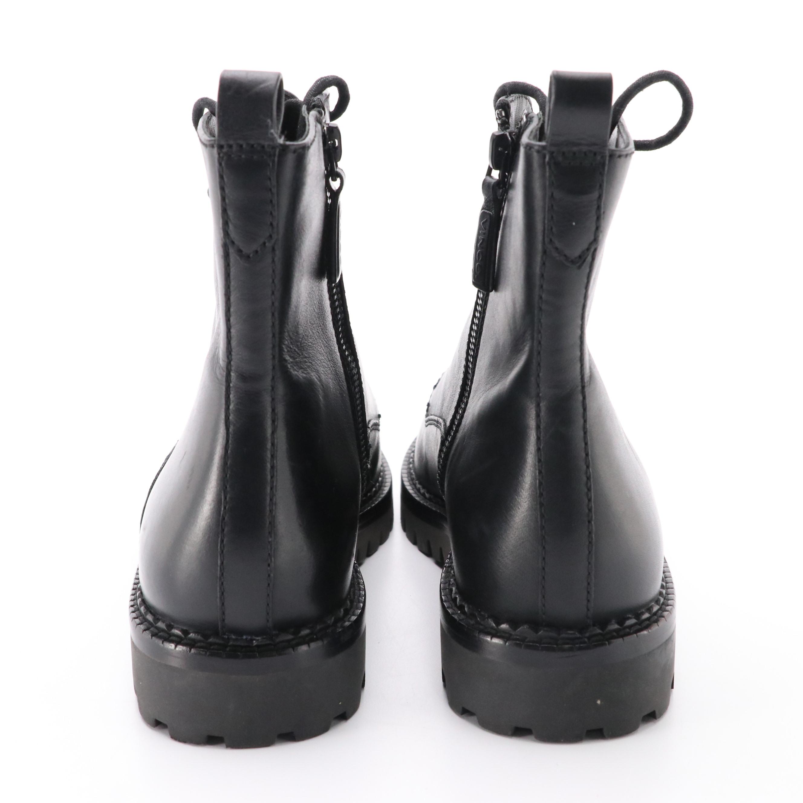 Vince. Black Leather Lace-Up Water Repellent Zip Boots