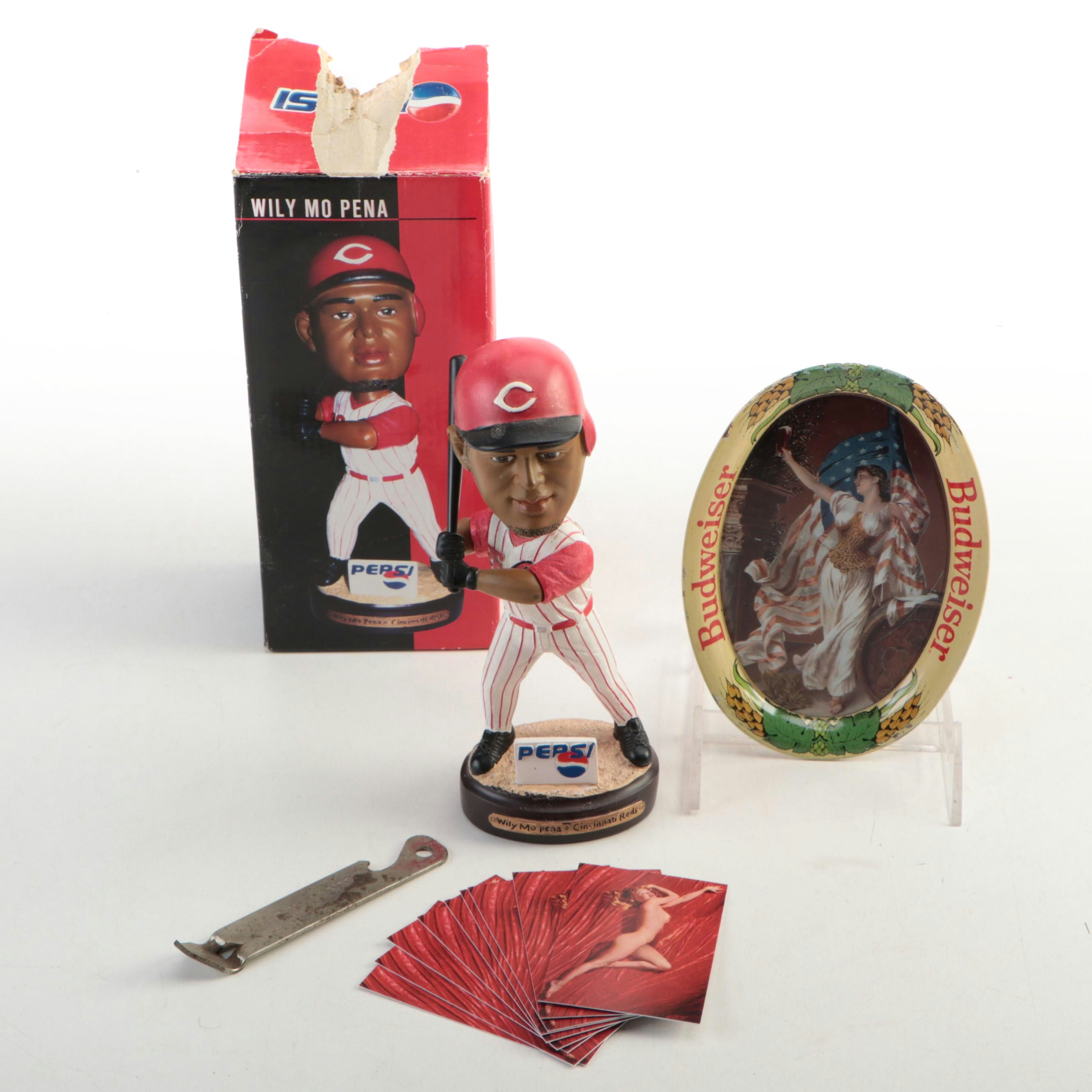Cincinnati Reds Willy Mo Pena Bobblehead with Budweiser Dish and More