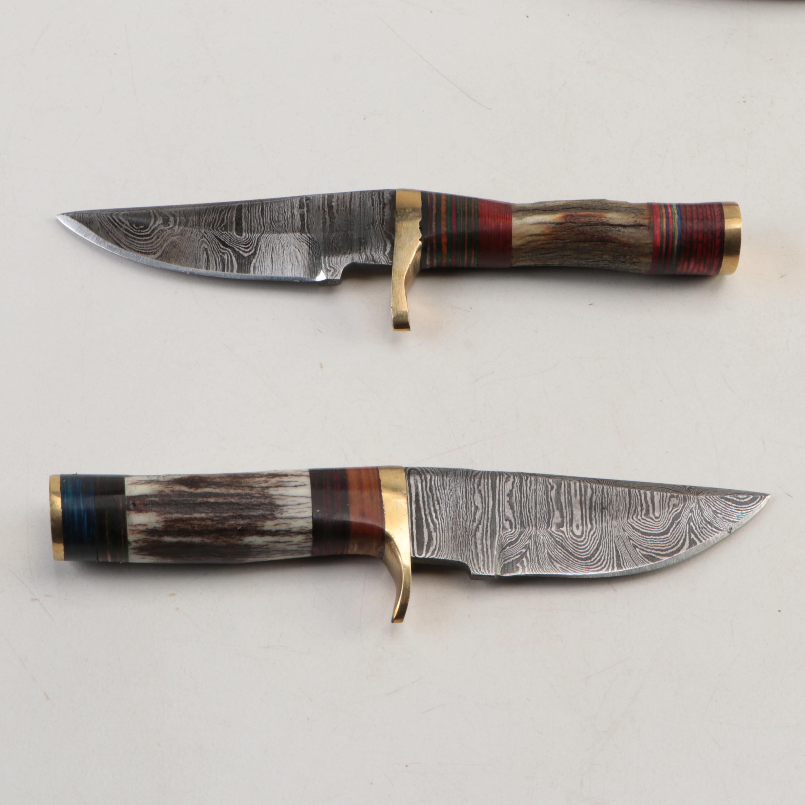 Damascus Steel and Antler Handled Skinner Knives with Leather Scabbards