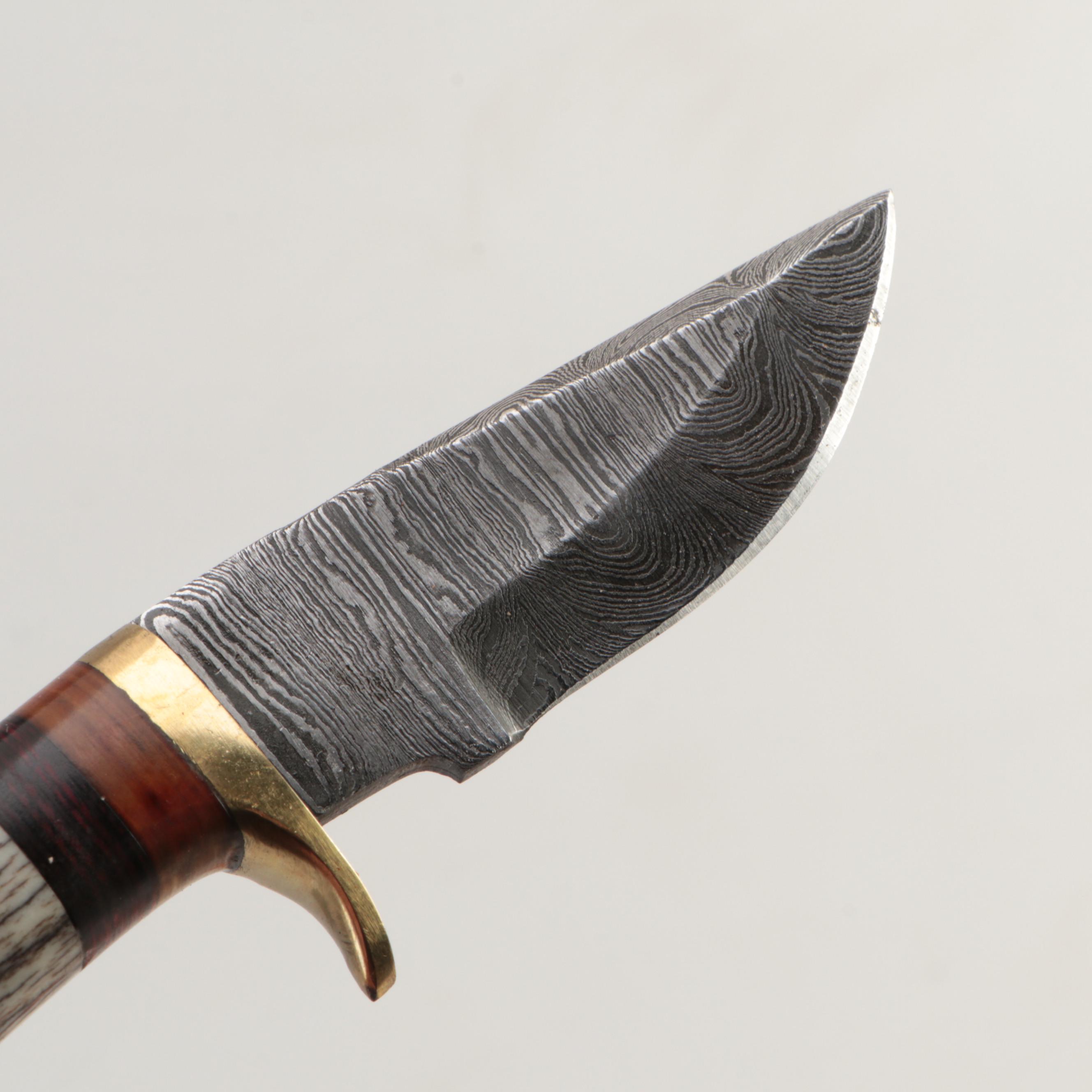 Damascus Steel and Antler Handled Skinner Knives with Leather Scabbards