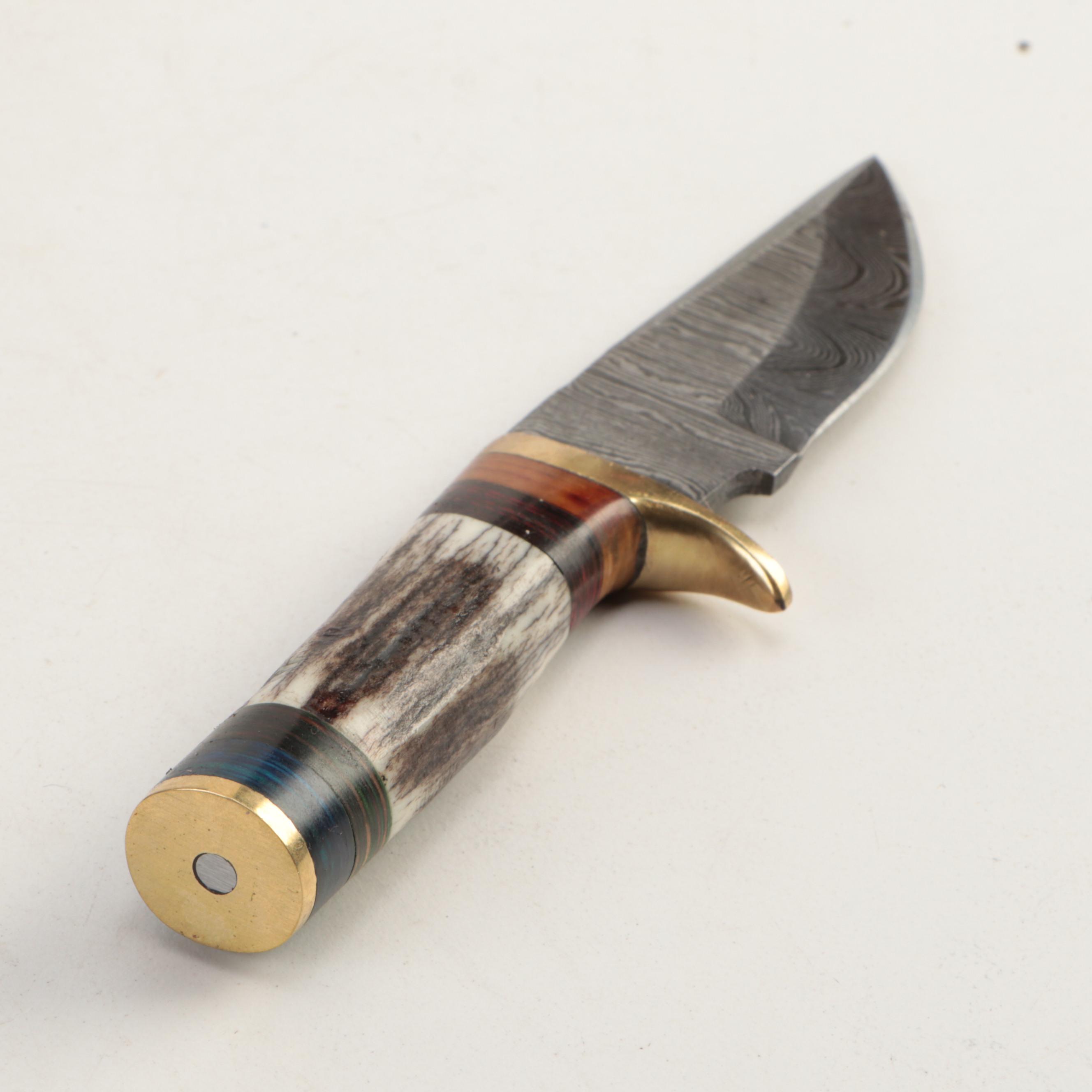 Damascus Steel and Antler Handled Skinner Knives with Leather Scabbards