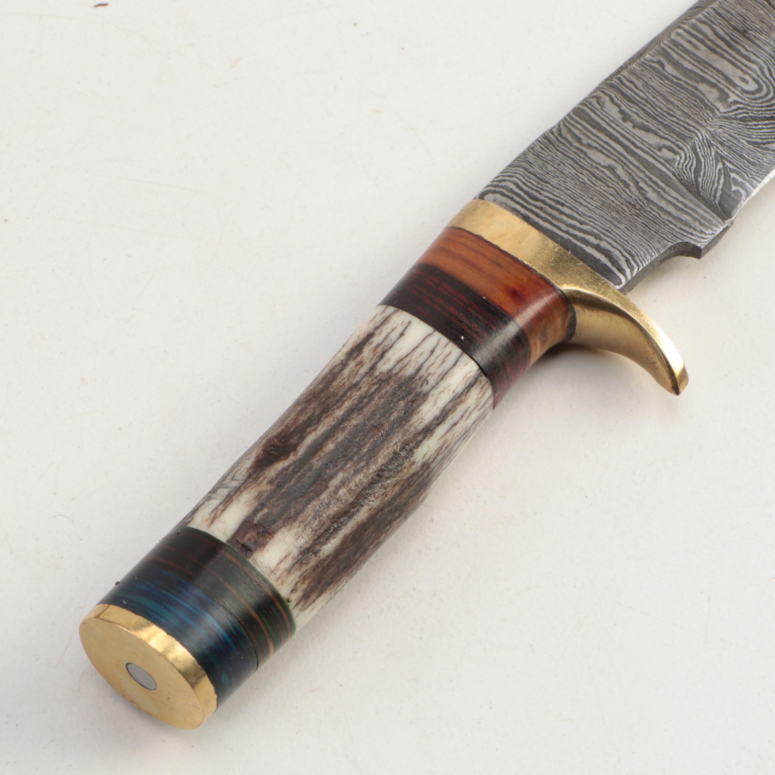 Damascus Steel and Antler Handled Skinner Knives with Leather Scabbards