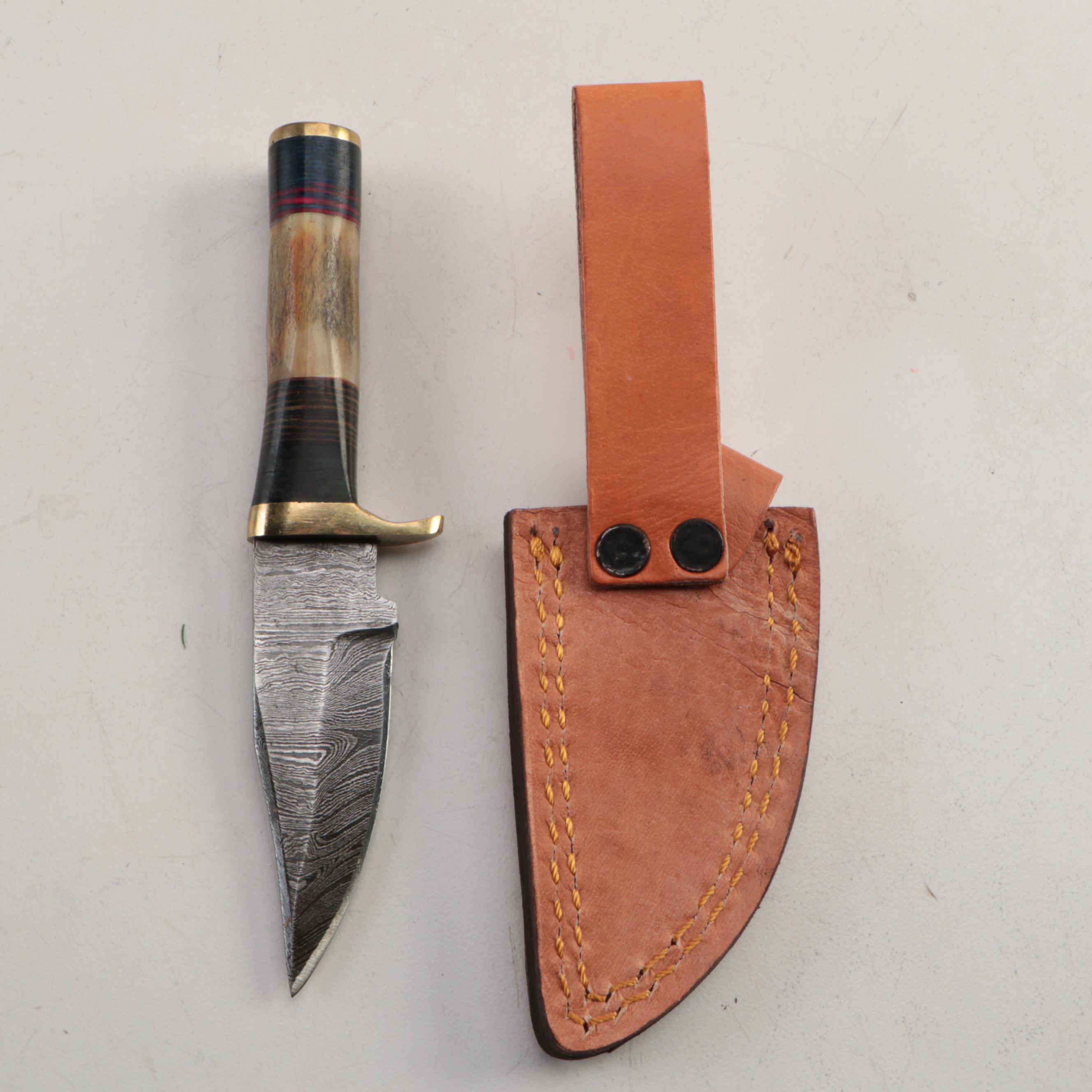 Damascus Steel and Antler Handled Skinner Knives with Leather Scabbards