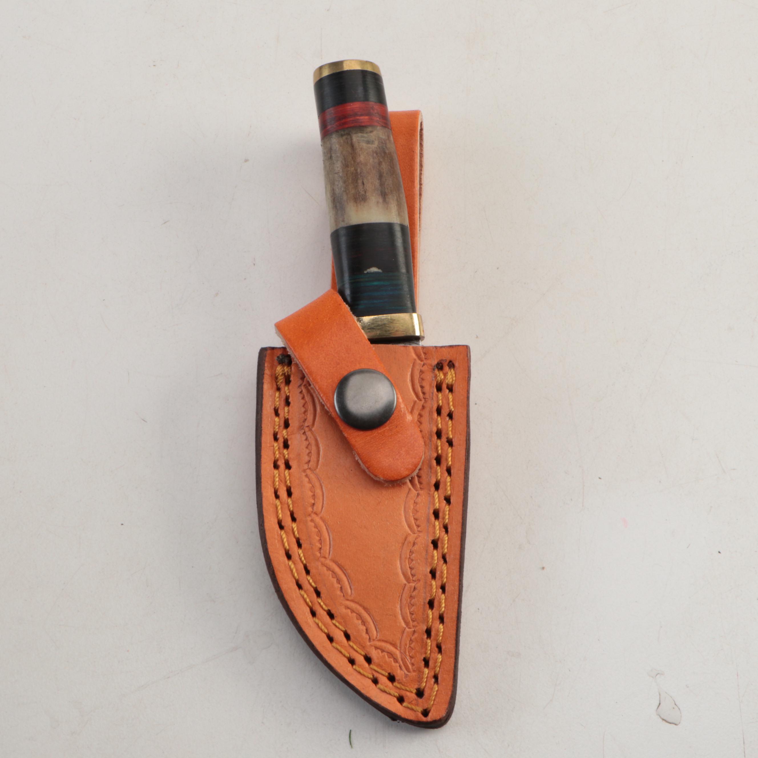 Damascus Steel and Antler Handled Skinner Knives with Leather Scabbards