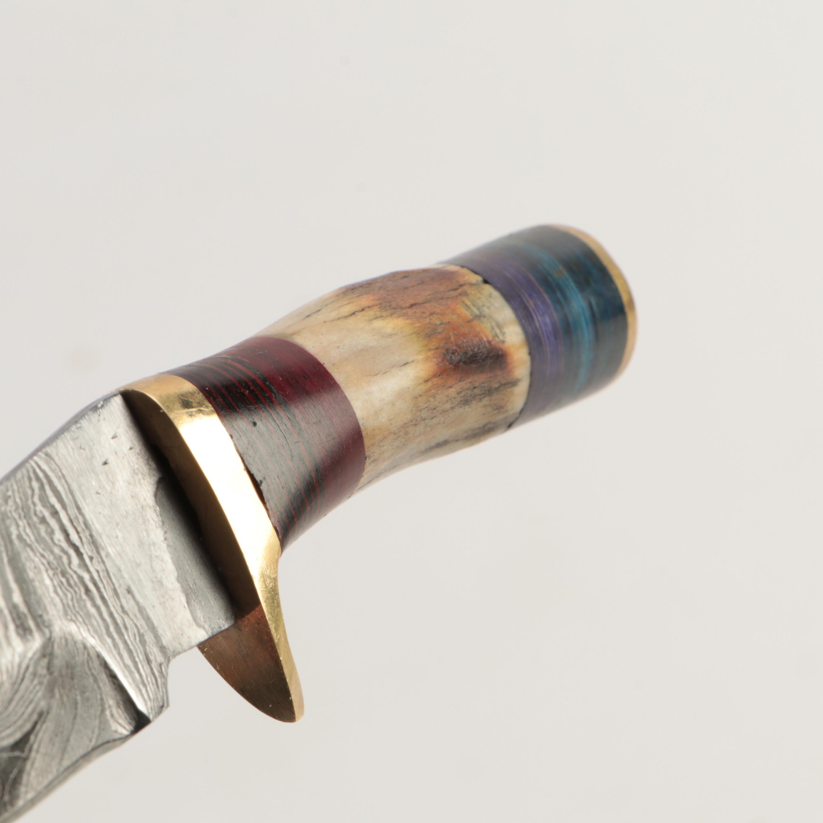 Damascus Steel and Antler Handled Skinner Knives with Leather Scabbards