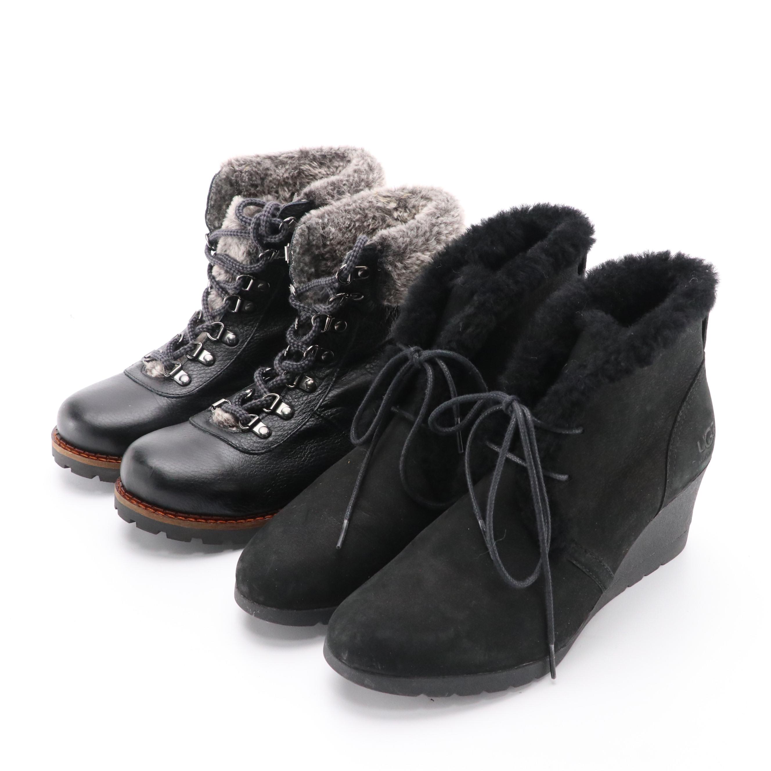 UGG Jeovana and Avellini Faux Fur Lined Boots in Black Suede and Leather