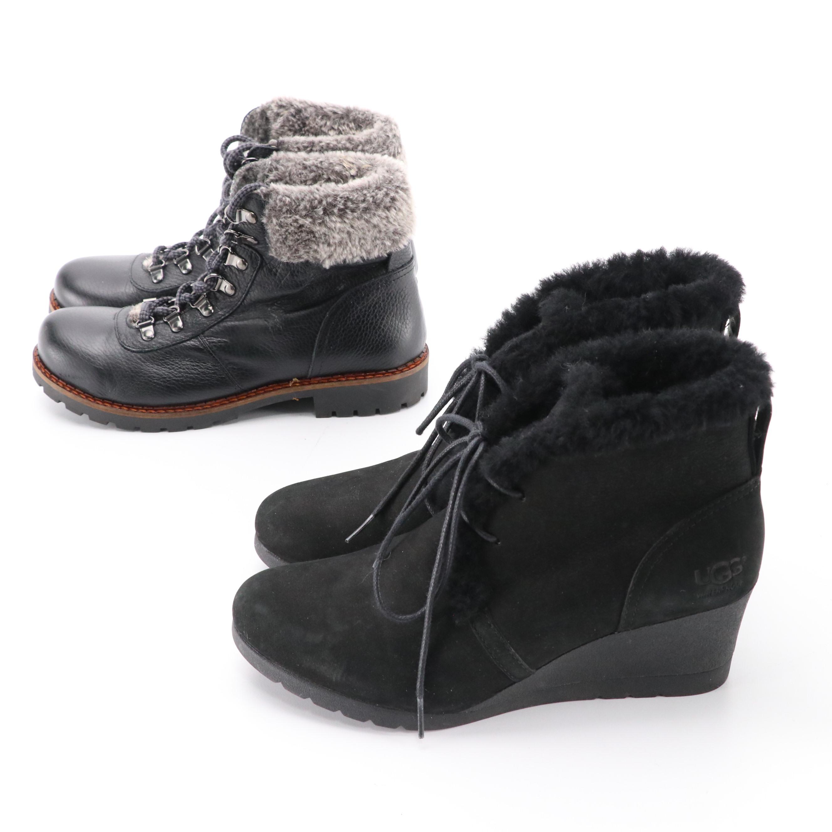 UGG Jeovana and Avellini Faux Fur Lined Boots in Black Suede and Leather