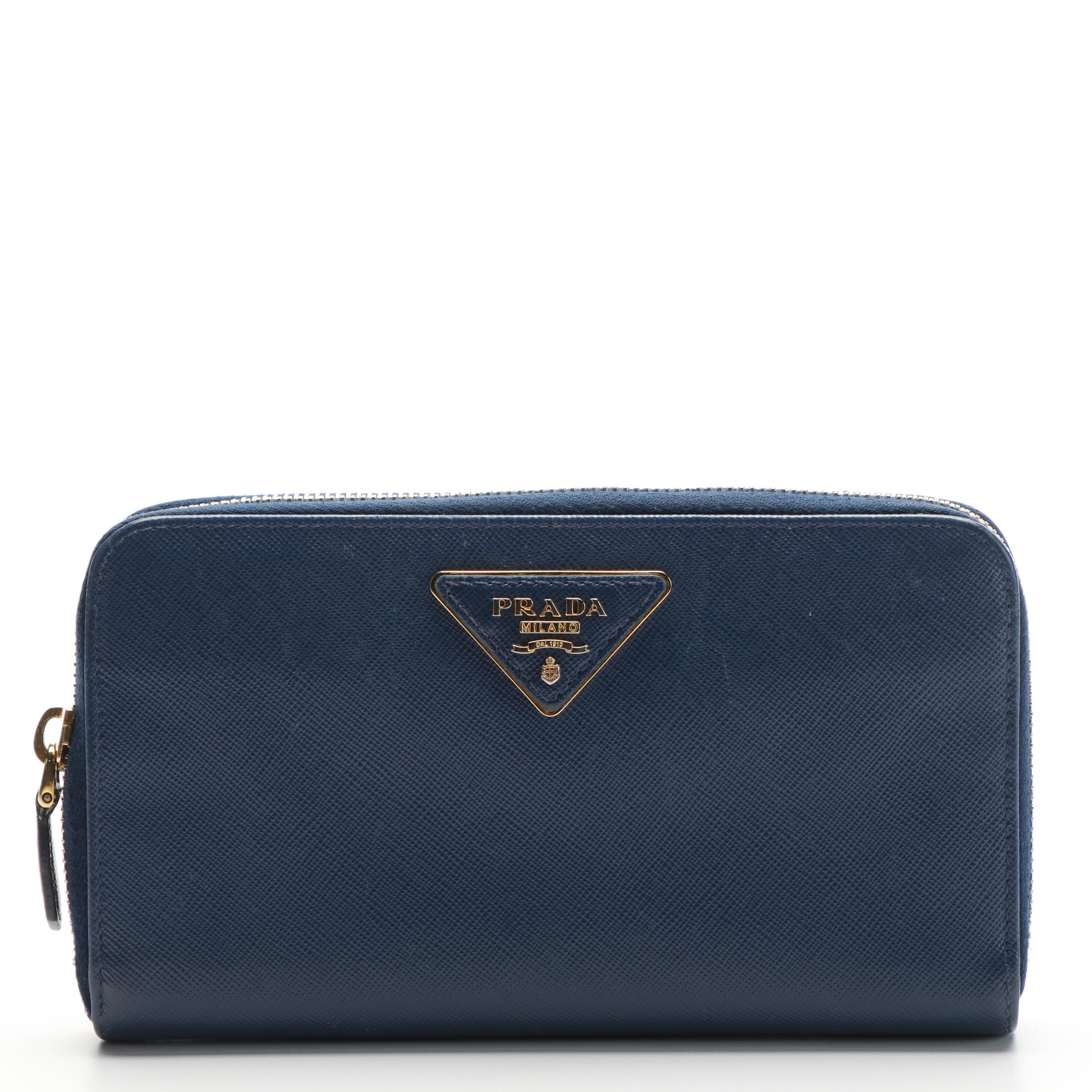 Prada Continental Wallet in Blue Saffiano Leather