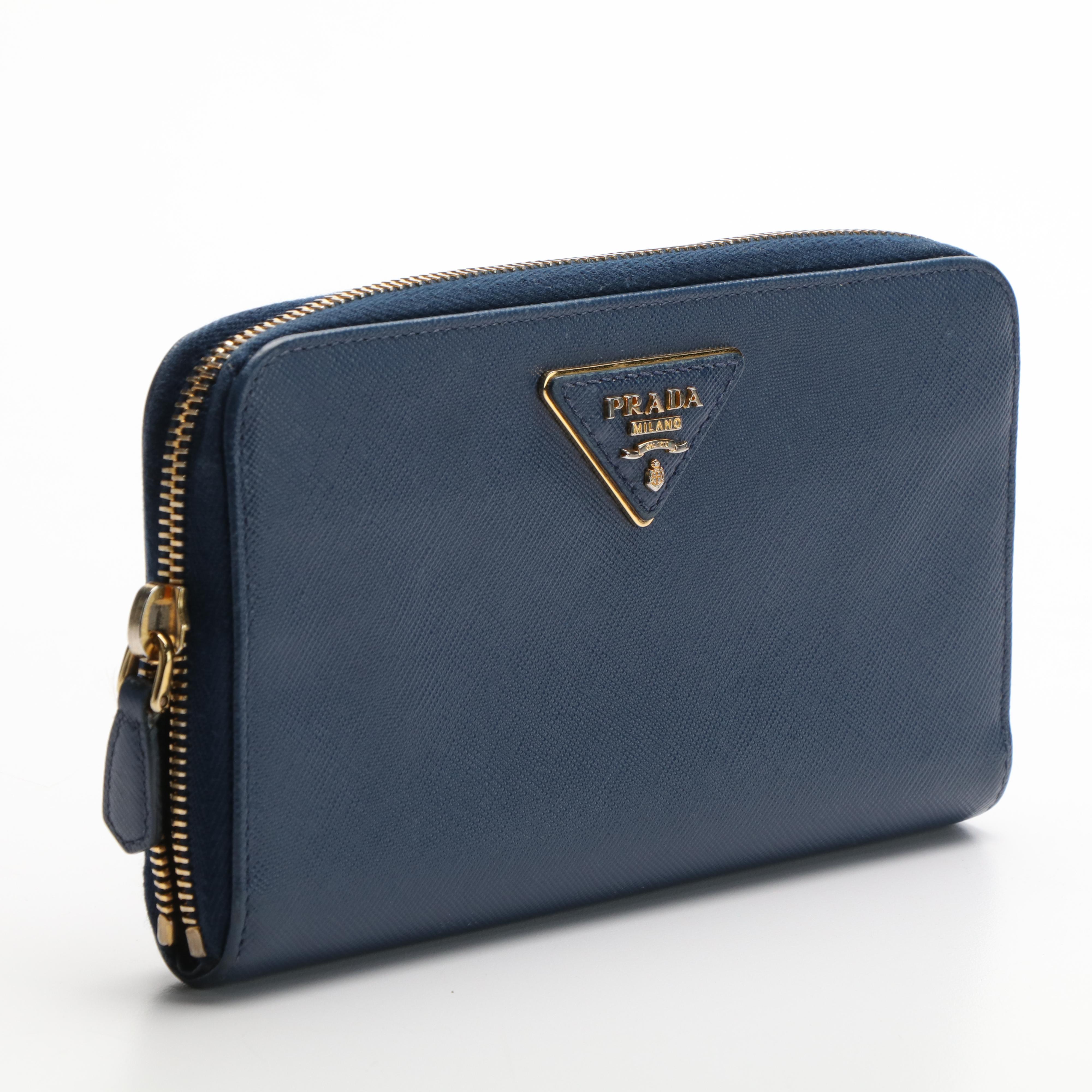 Prada Continental Wallet in Blue Saffiano Leather