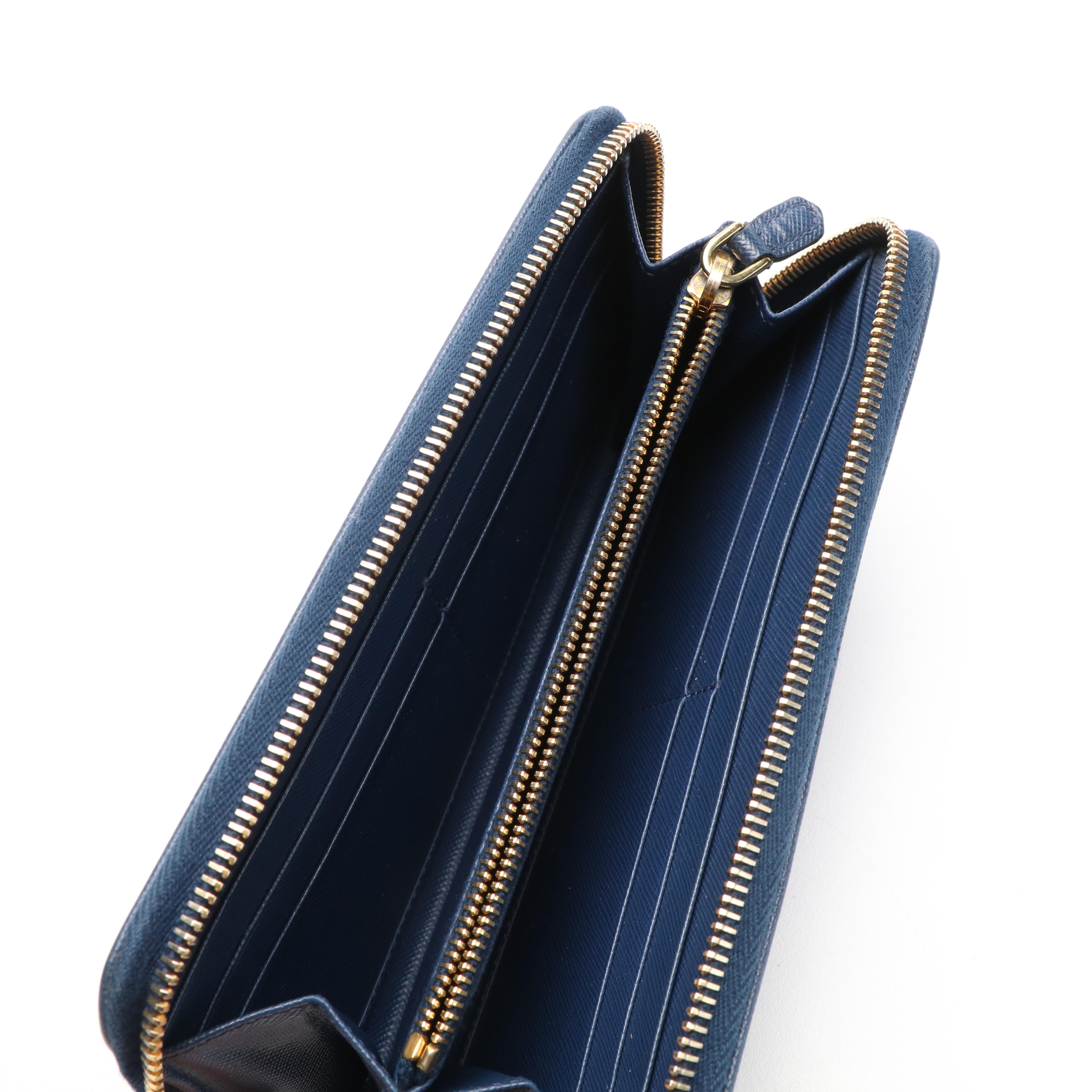 Prada Continental Wallet in Blue Saffiano Leather