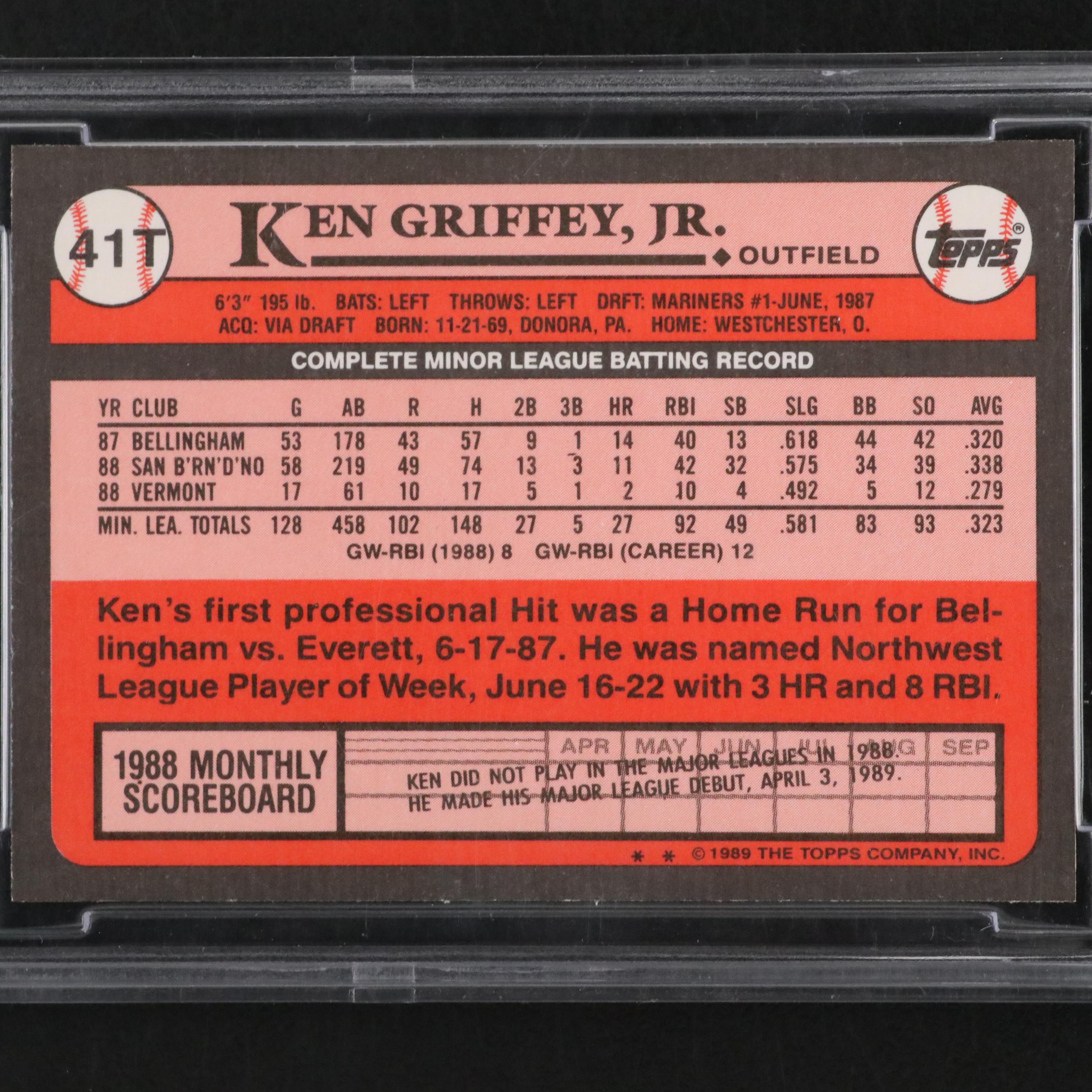 1989 Topps Ken Griffey, Jr. Rookie Card #41T Graded BCCG 10