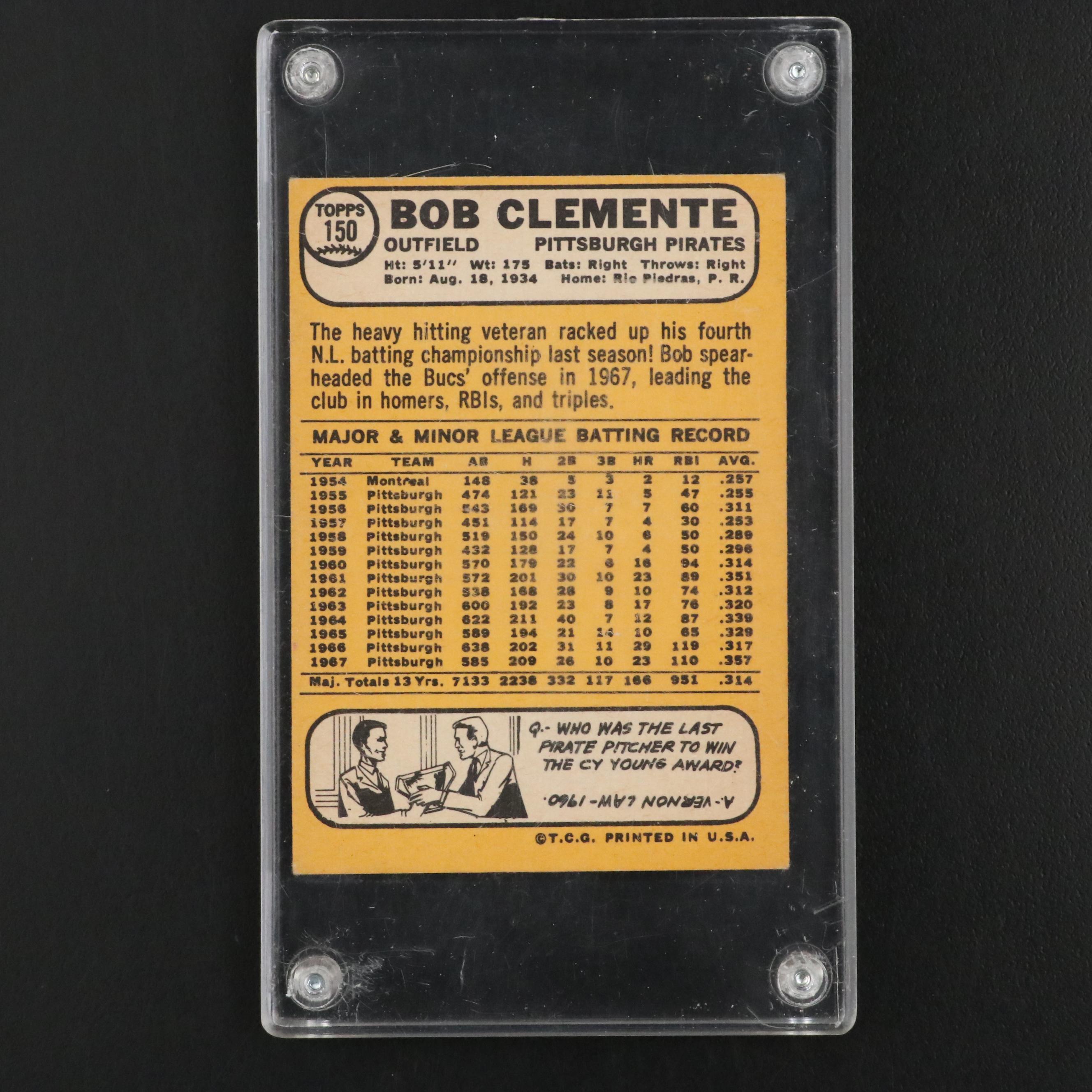 1968 Topps Roberto Clemente Pittsburgh Pirates Baseball Card