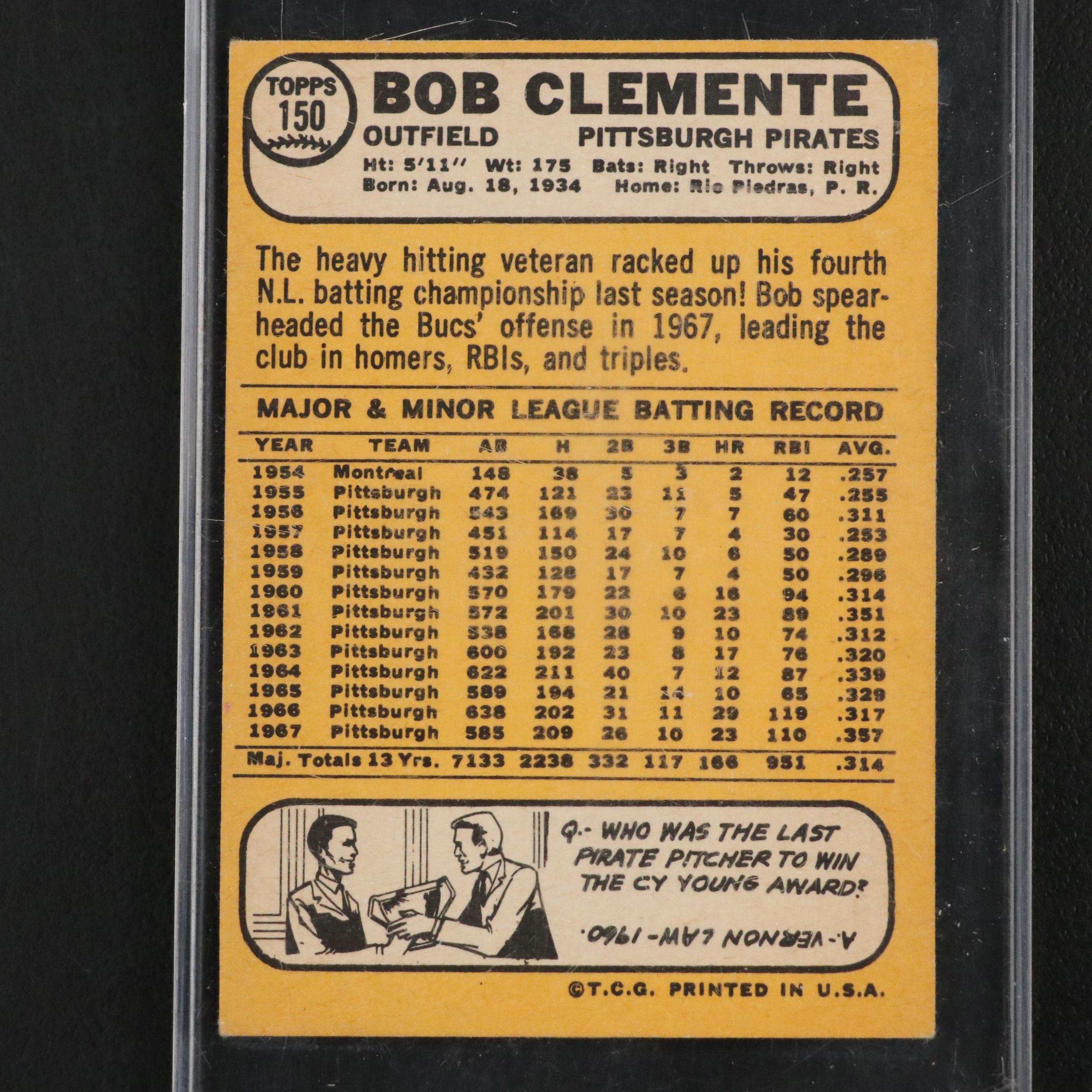 1968 Topps Roberto Clemente Pittsburgh Pirates Baseball Card