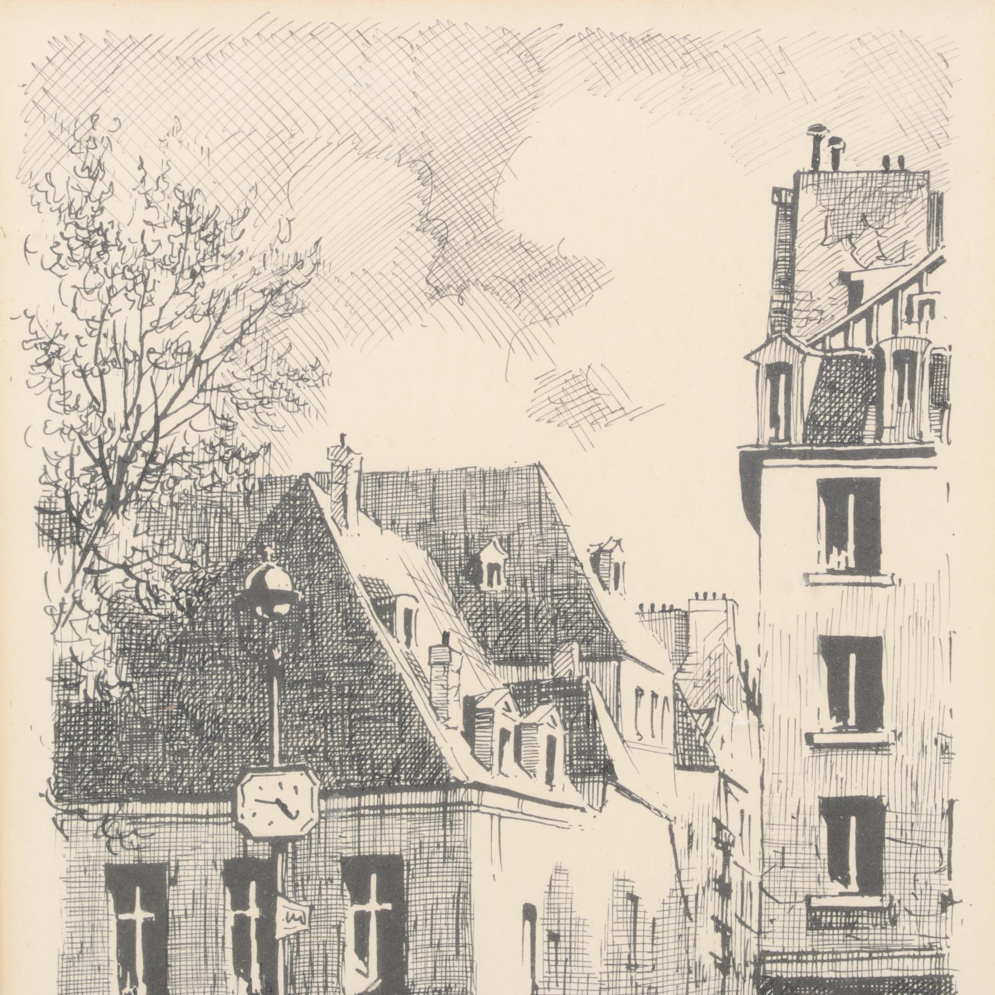 M. Tellier City Scene Pen and Ink Drawing "Paris: la rue des Bernardins"