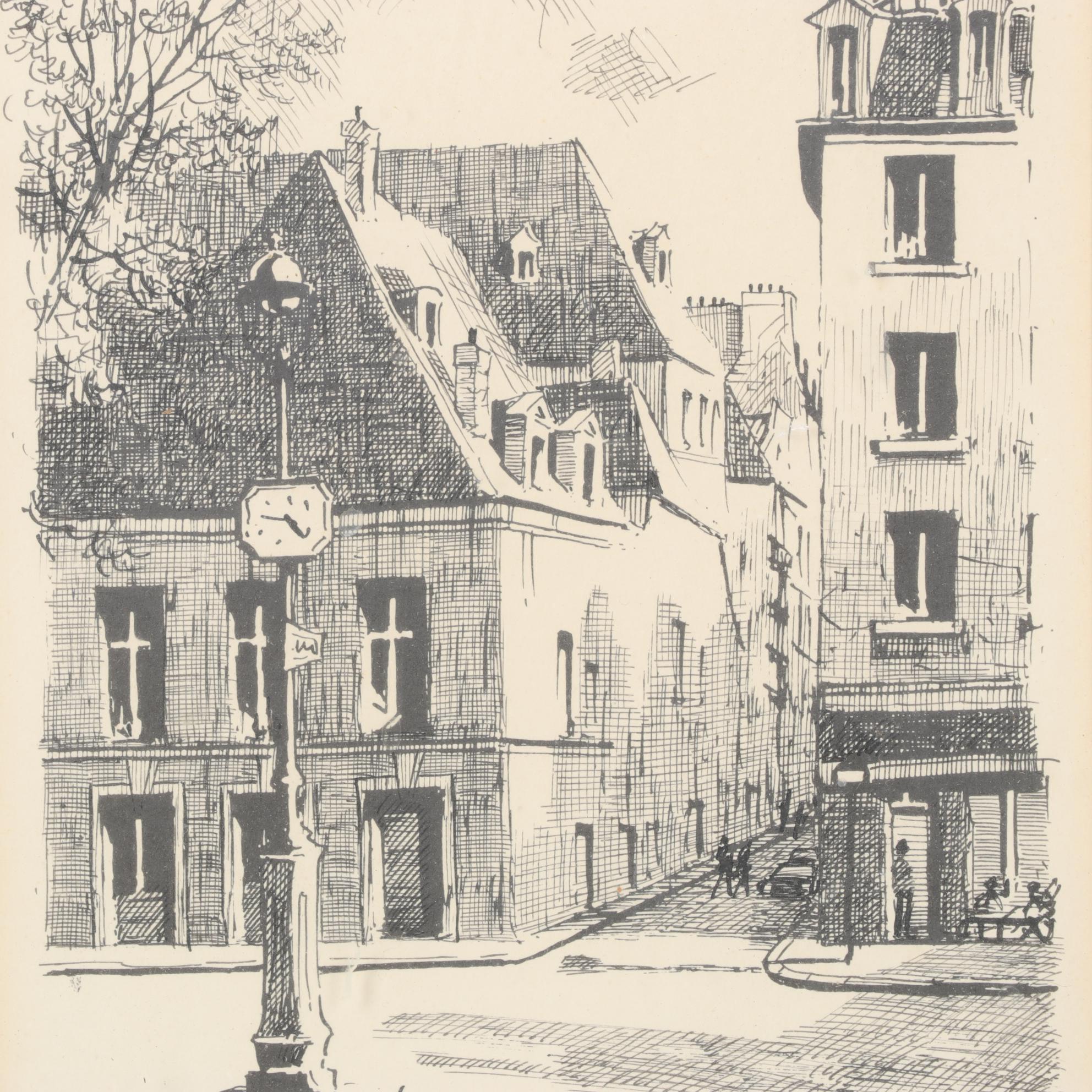 M. Tellier City Scene Pen and Ink Drawing "Paris: la rue des Bernardins"