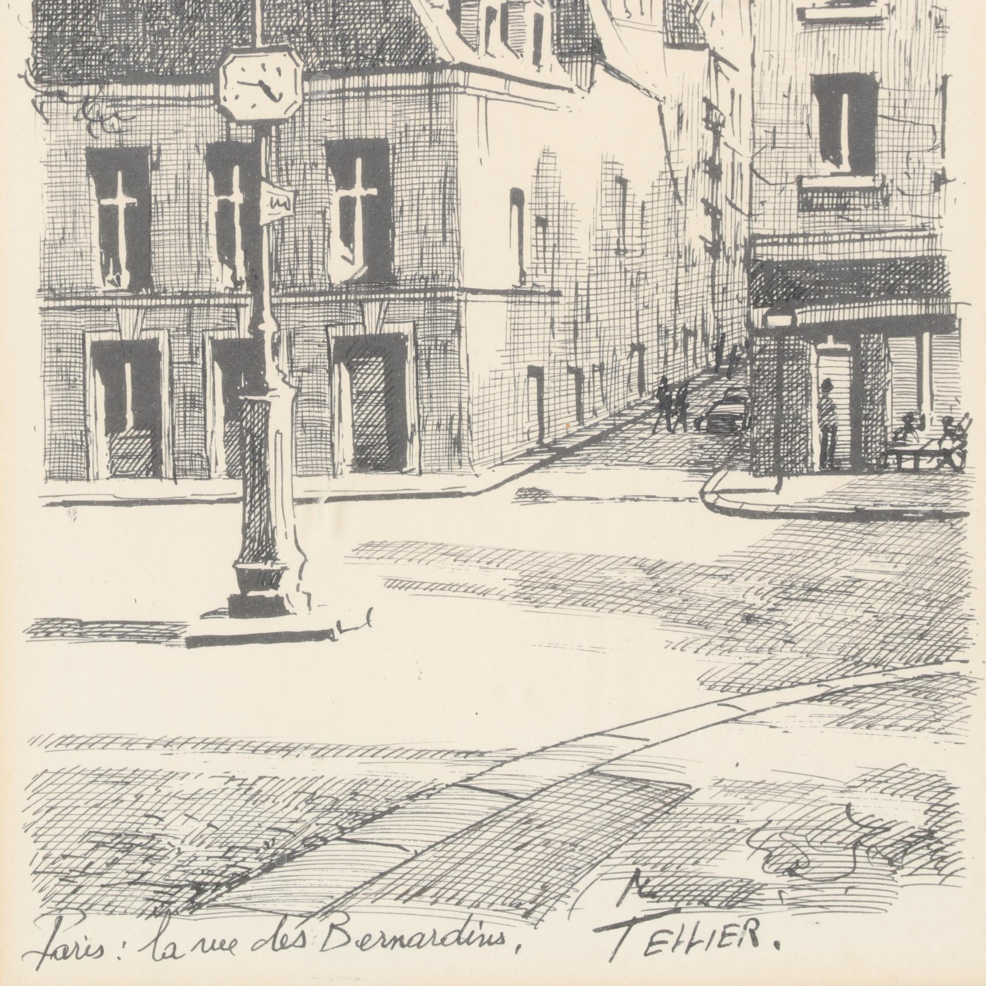 M. Tellier City Scene Pen and Ink Drawing "Paris: la rue des Bernardins"