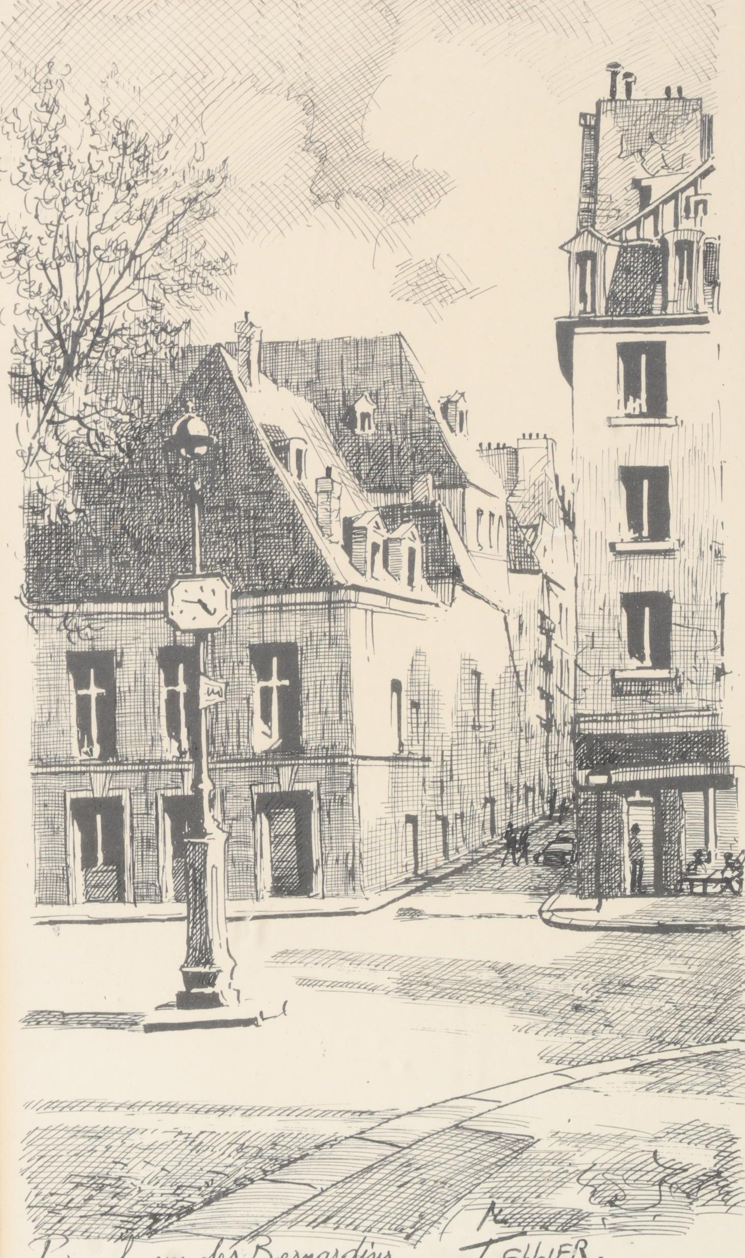 M. Tellier City Scene Pen and Ink Drawing "Paris: la rue des Bernardins"
