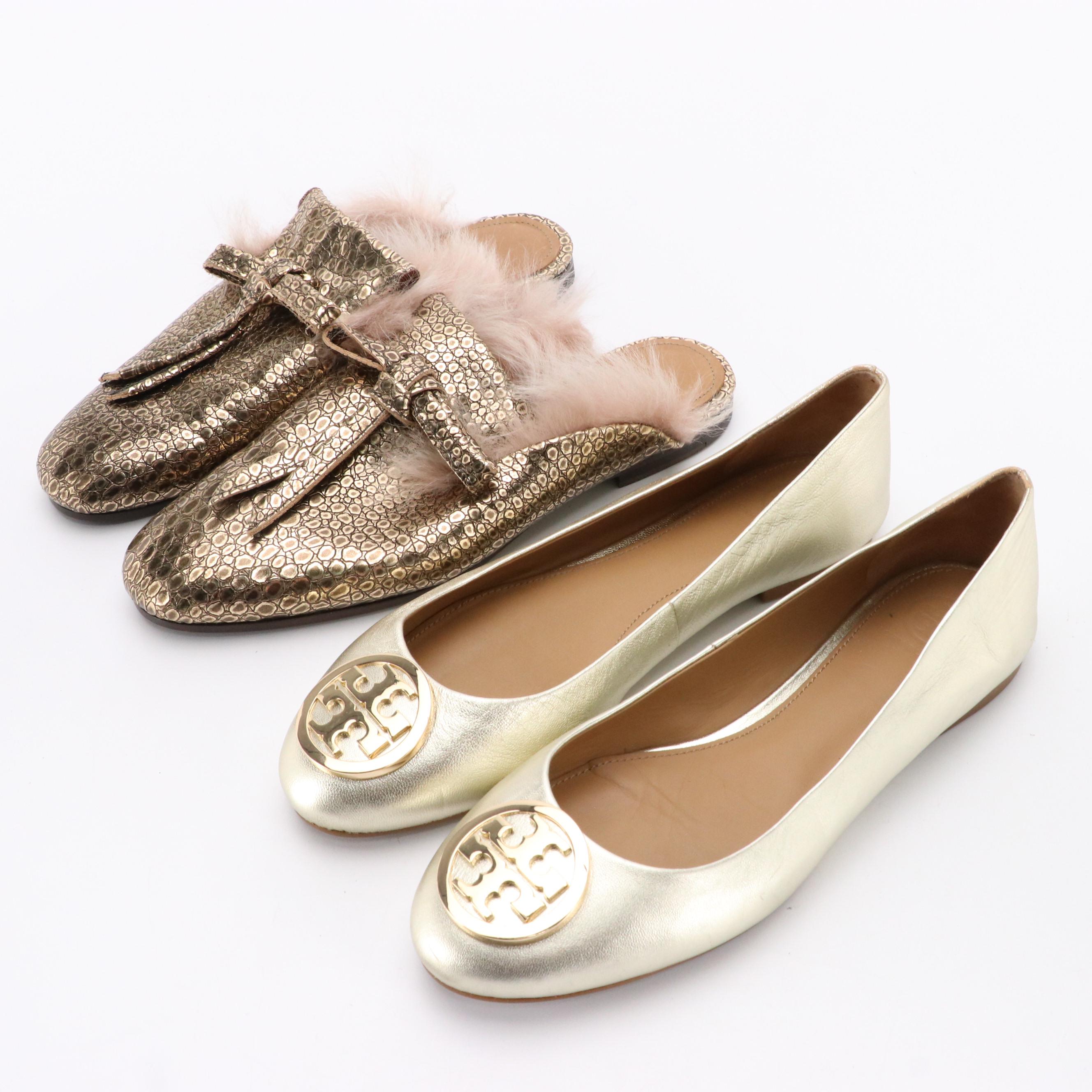 Tory Burch Metallic Flats and Esseutesse Faux Fur Lined Mule Loafers
