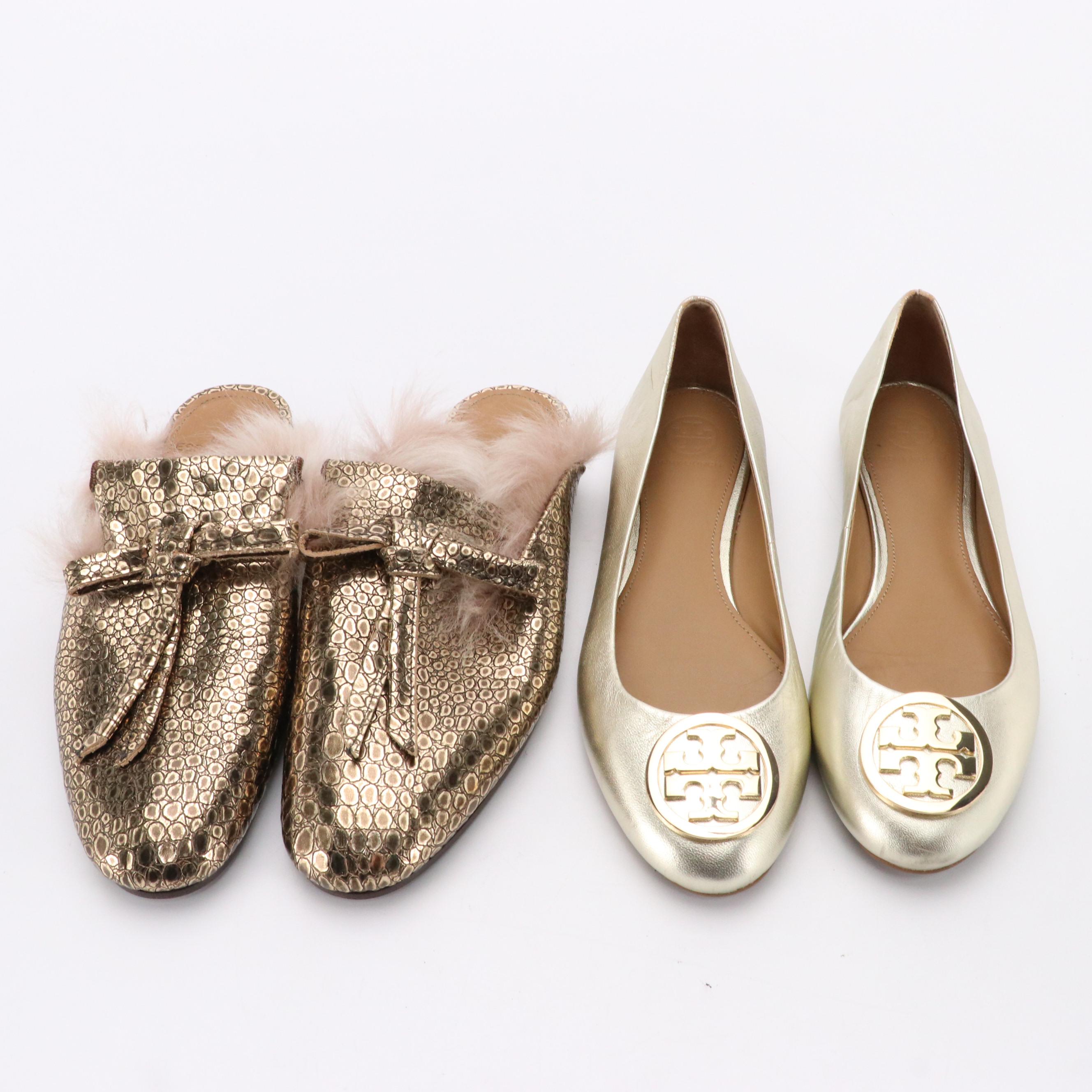 Tory Burch Metallic Flats and Esseutesse Faux Fur Lined Mule Loafers