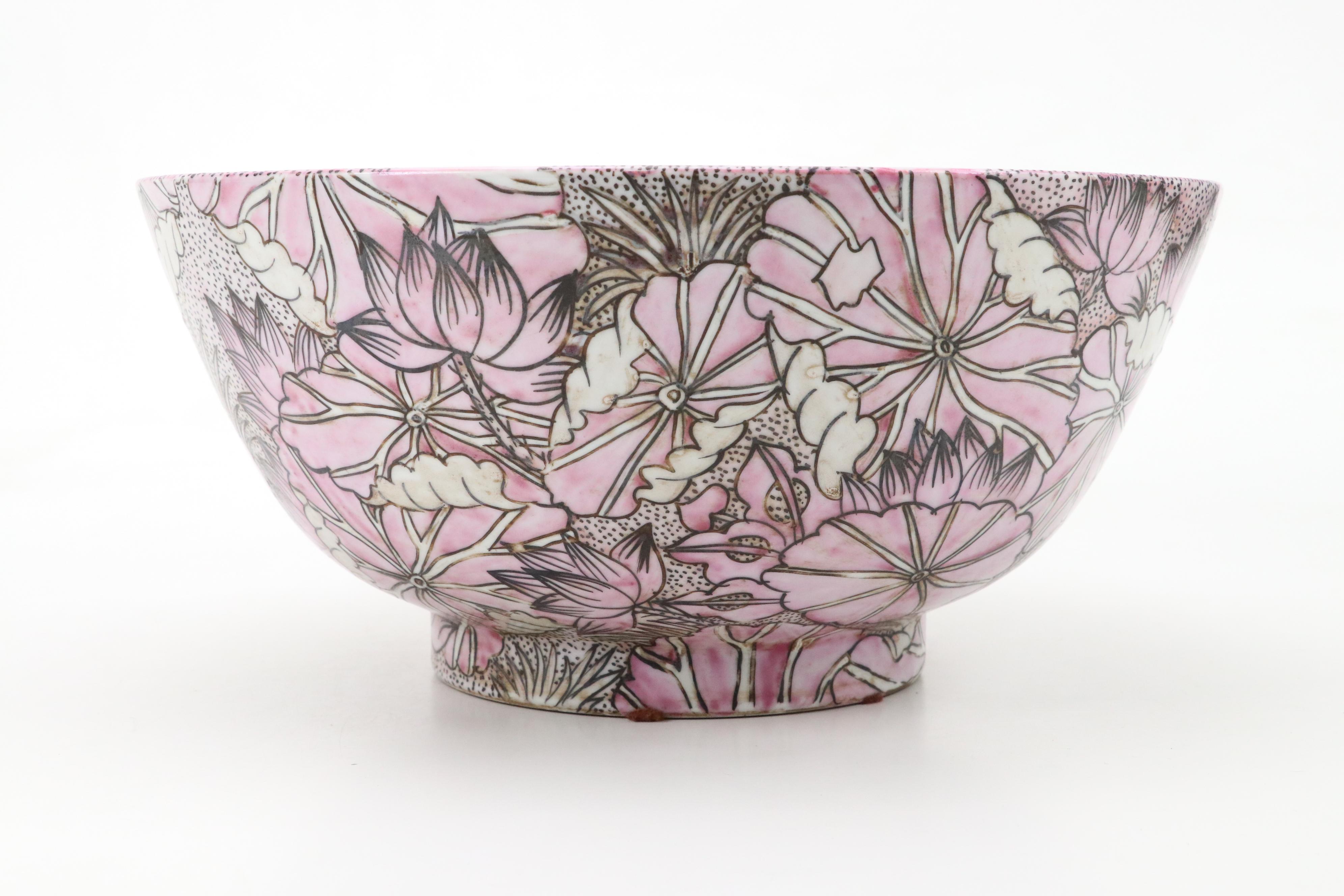 Norcal Ceramic Planter with Chinese Porcelain Bowl and Glass Ornaments