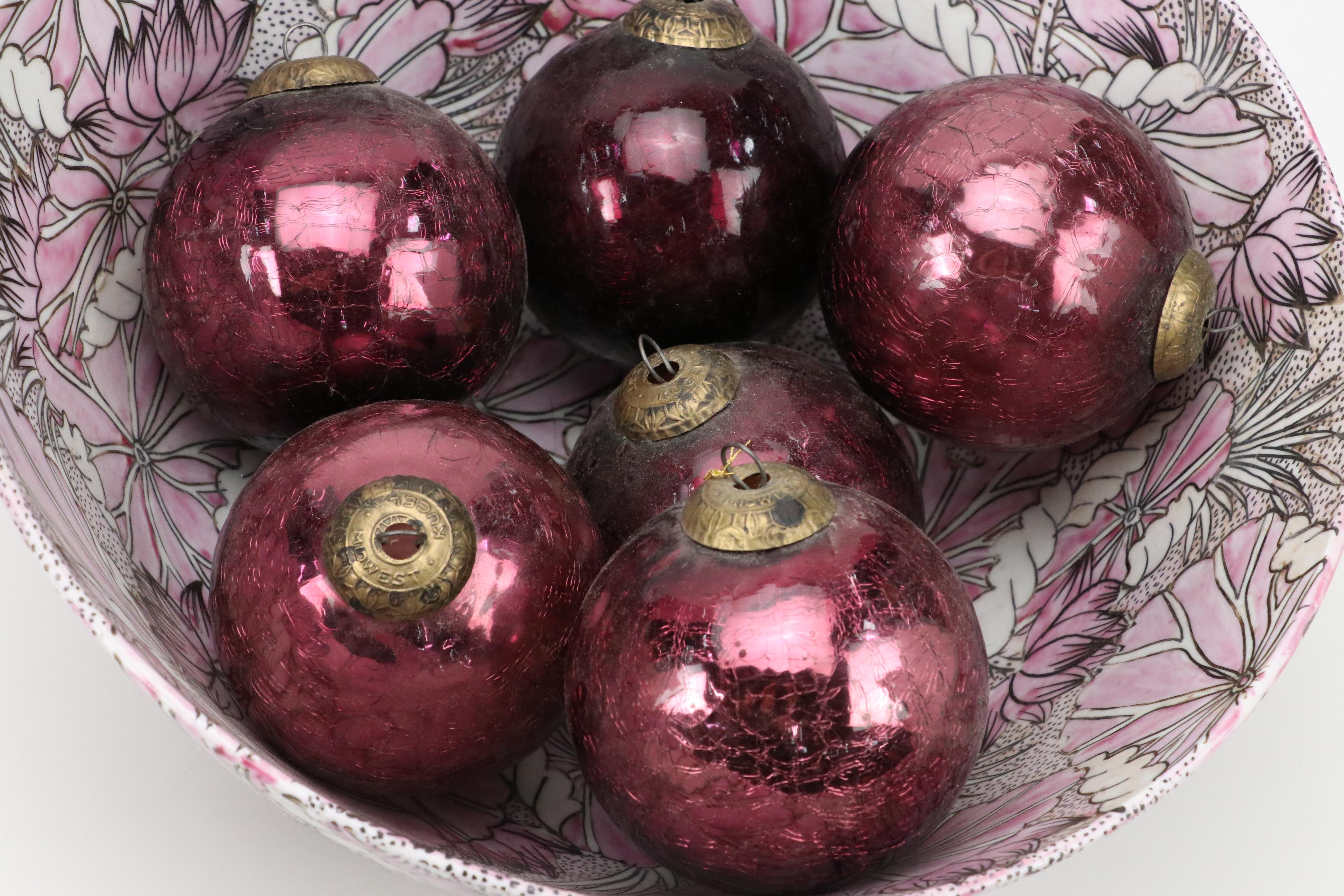 Norcal Ceramic Planter with Chinese Porcelain Bowl and Glass Ornaments