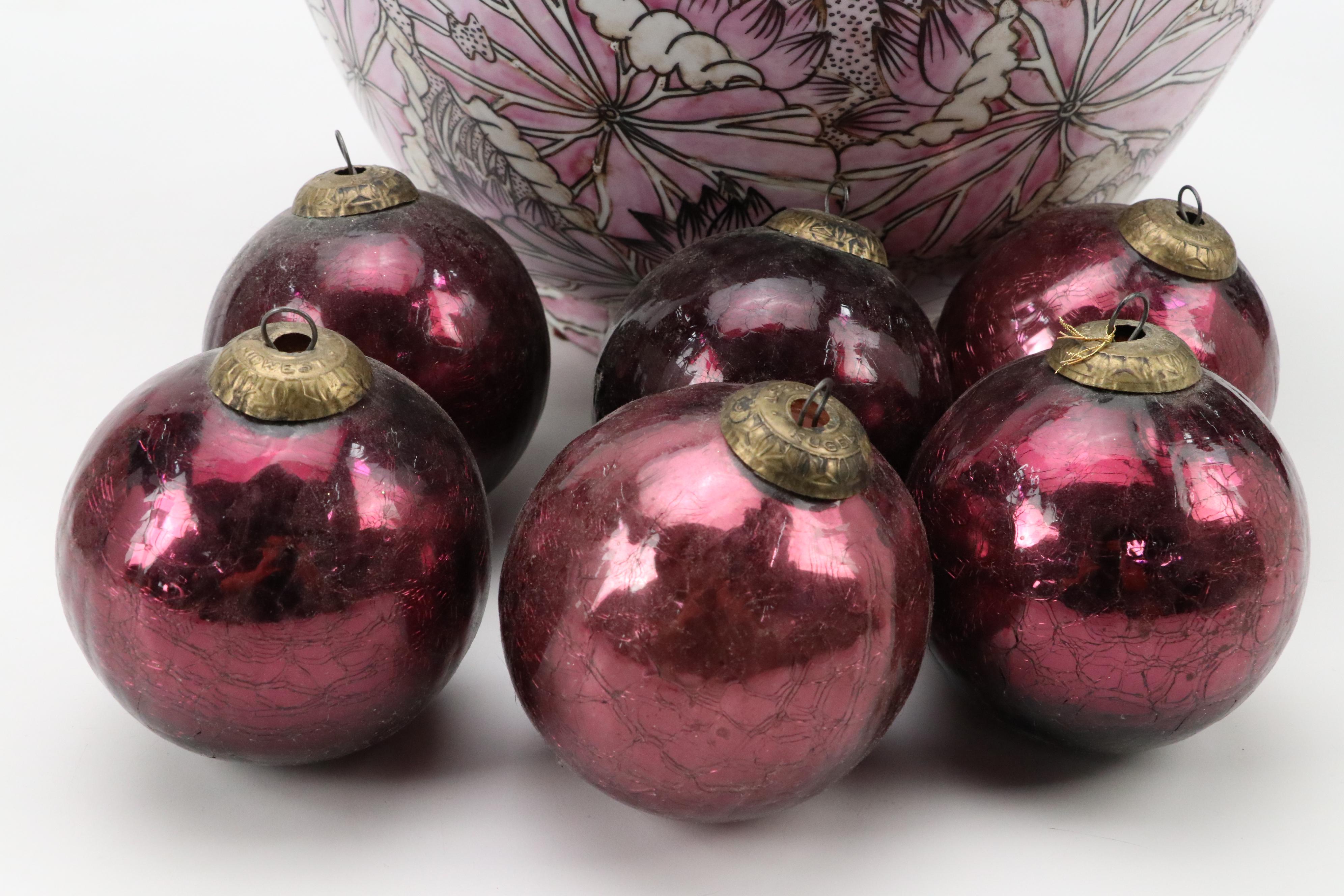 Norcal Ceramic Planter with Chinese Porcelain Bowl and Glass Ornaments