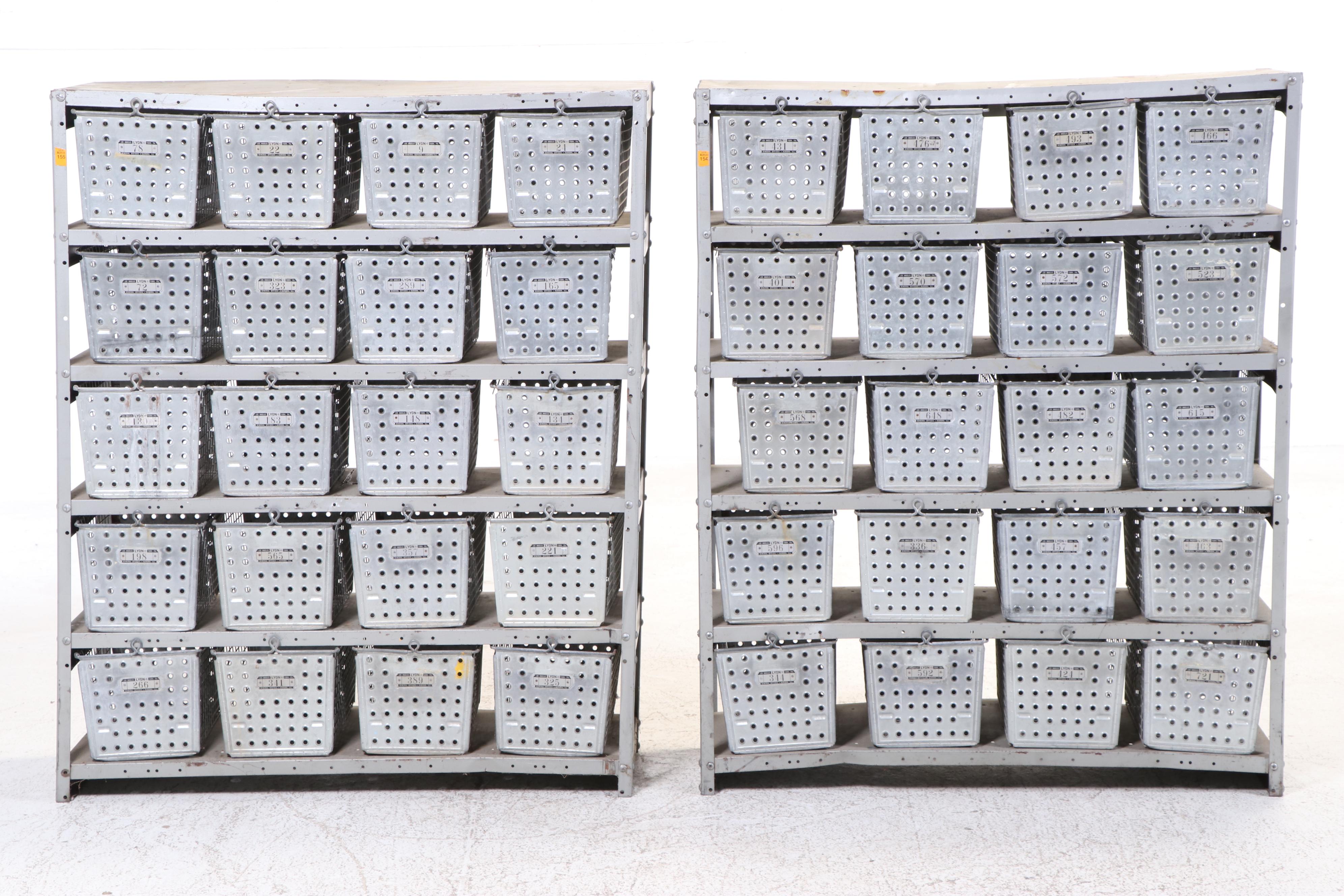 Pair of Lyon Galvanized Metal Industrial Locker Shelving Units with Bins